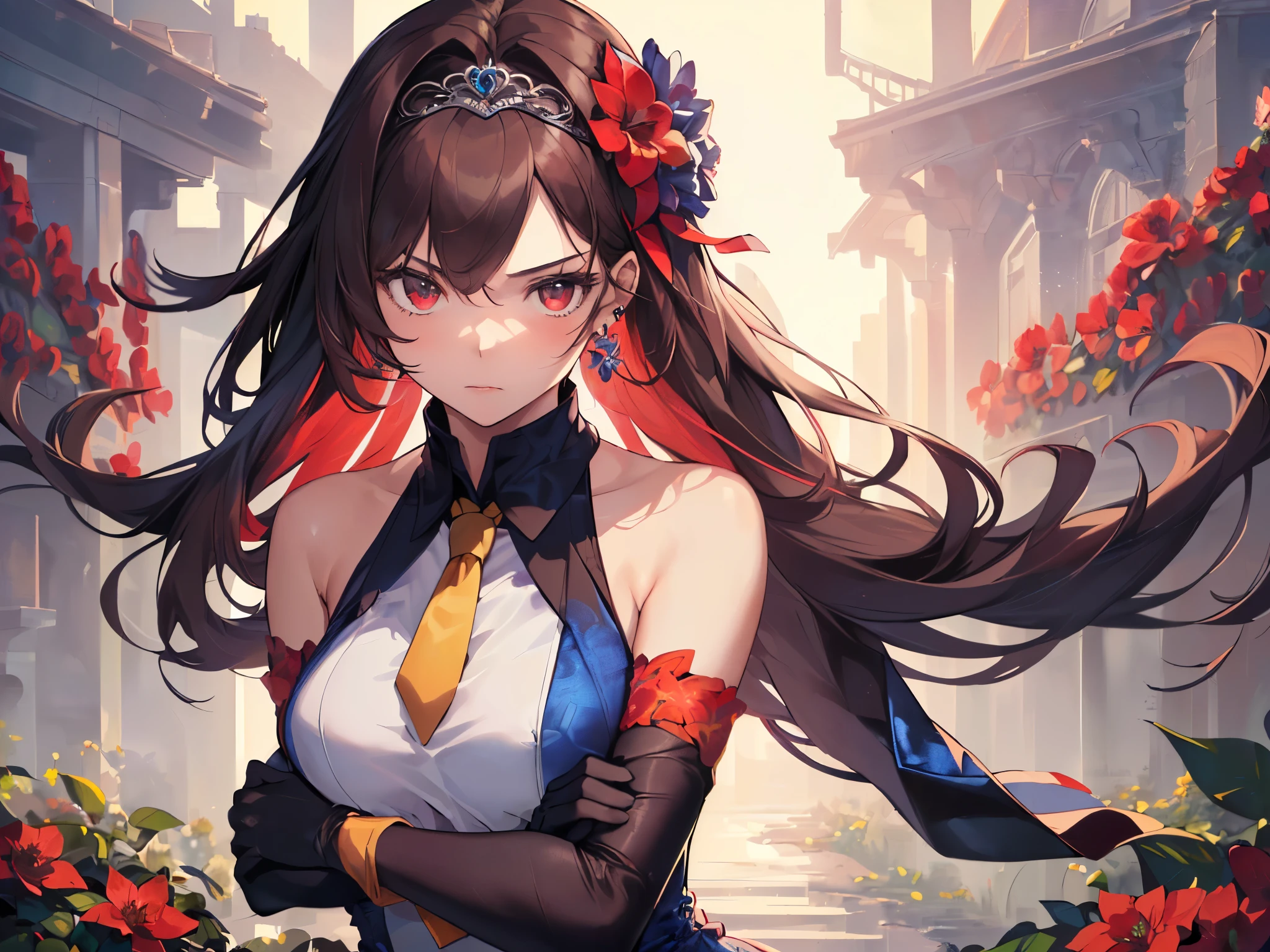 (Solo girl, one girl:2), (Arms crossed to emphasize upper body:2), (Looking to the side to create a seductive atmosphere:2), (Long hair:2), (Hair tied with a big ribbon:2), (Tie:2), (Gorgeous dress with blue high neck collar, black gloves:2), (Red flower hair accessory:2), (Earrings:2), (Surrounded by many red flowers:2), (Sunset sky, sunset, night breeze), (Bust from the side), (((4K, High Resolution, Masterpiece, Accurate, Anatomically Correct, Multiple Awards, Top Quality, Detailed, High Quality, Extremely Detailed, Ultra High Resolution))).