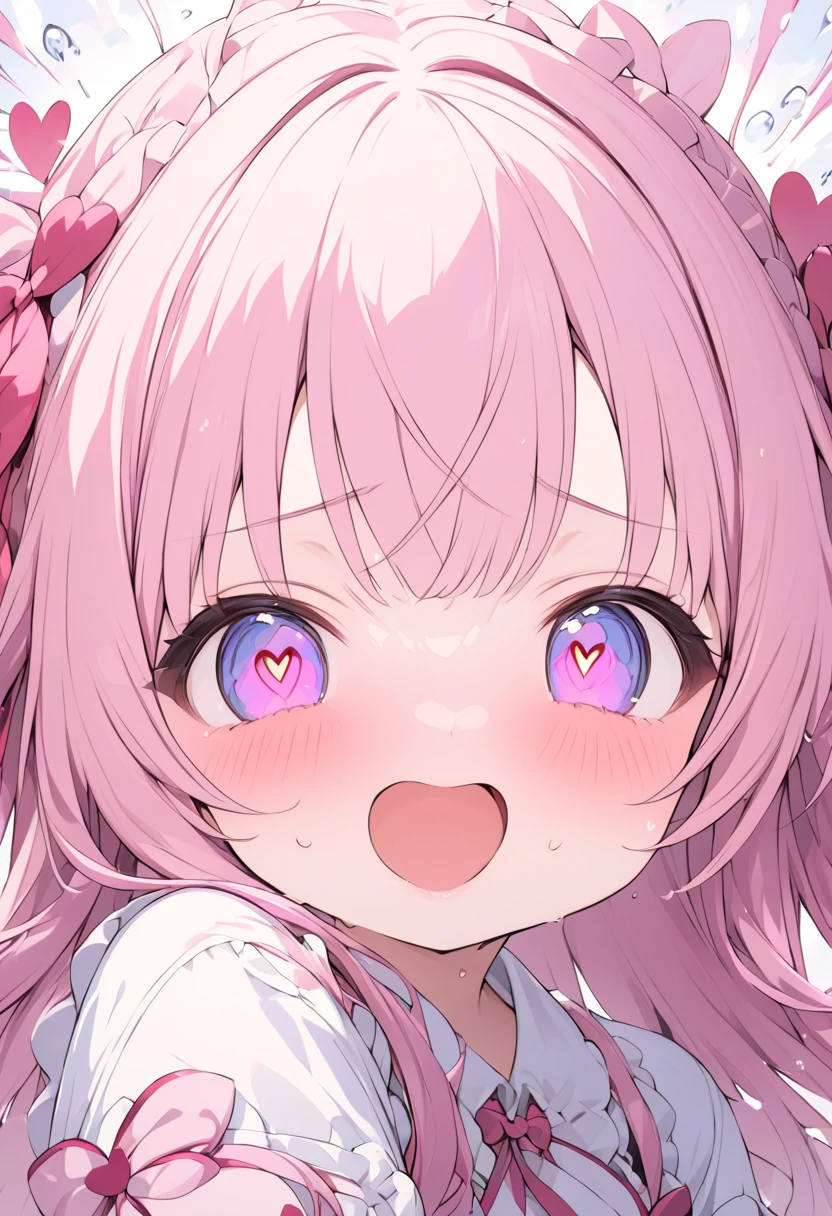 close-up of face, cute chibi girl in love for the first time, pupils are heart-shaped, panic expression, happy, embarrassed and happy expressions, heart is pounding, about to faint, ultra detailed, absolutely resolution, masterpiece