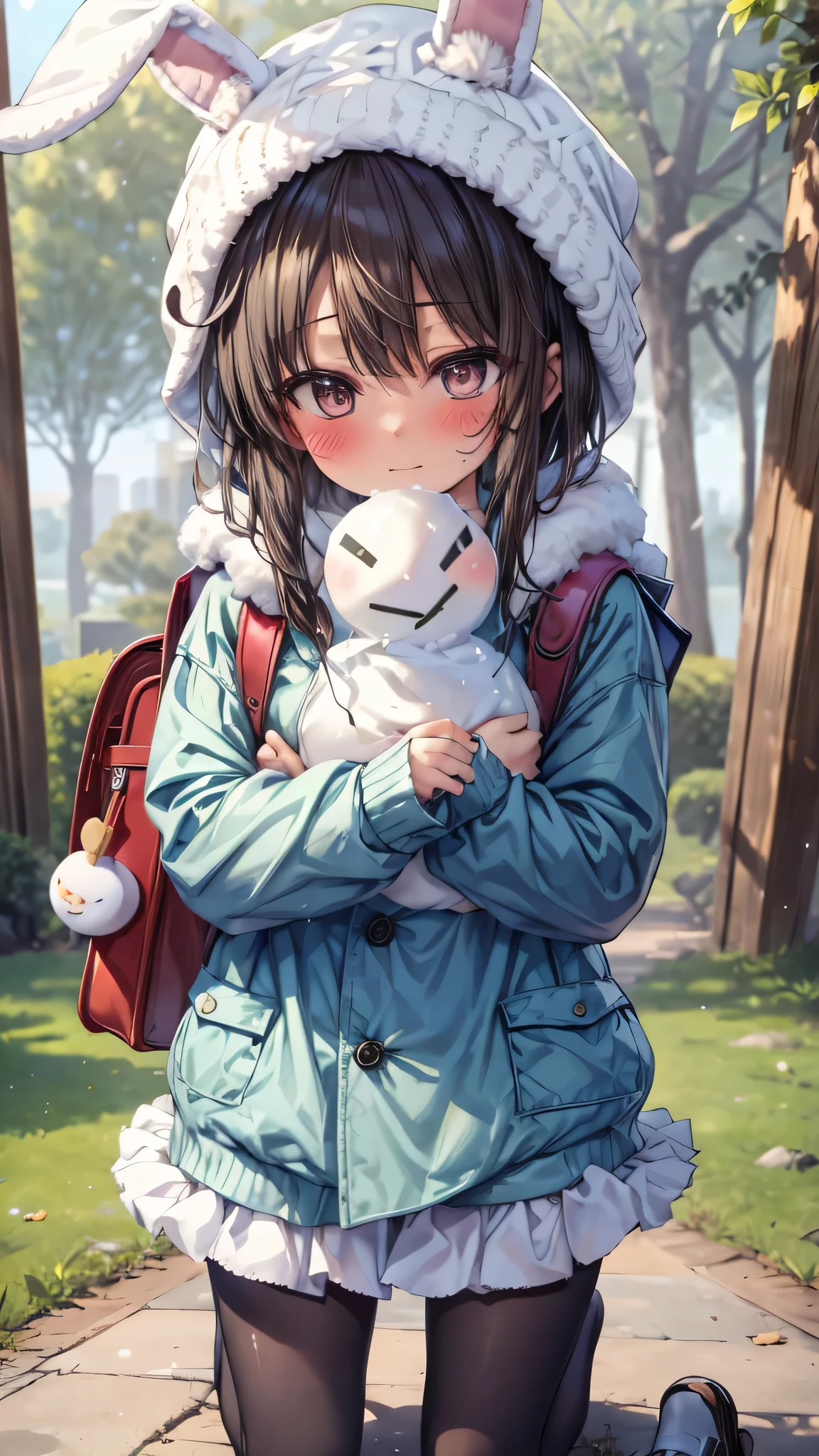 ((masterpiece, sidelighting, finely detailed beautiful eyes: 1.2)), (anatomically collect:1.3), Extremely cute, (extremely detailed beautiful face), (Authentic skin texture:1.4), (outdoor, winter, snowy landscape, park:1.2), (1 lower elementary school student toddler girl:1.8), (Loli:1.8), (small stature, petite body:1.8), (flat chest), (short black hair), (glasses:1.3), (duffel coat, woolen scarf, Woolly hat with rabbit ears:1.2), (tights, loafer:1.2), (blush cheek:1.4), (shy, happy), (face focus:1.2), (kneeling, hugging a large snowman:1.4), carrying randoseru backpack, (steam)