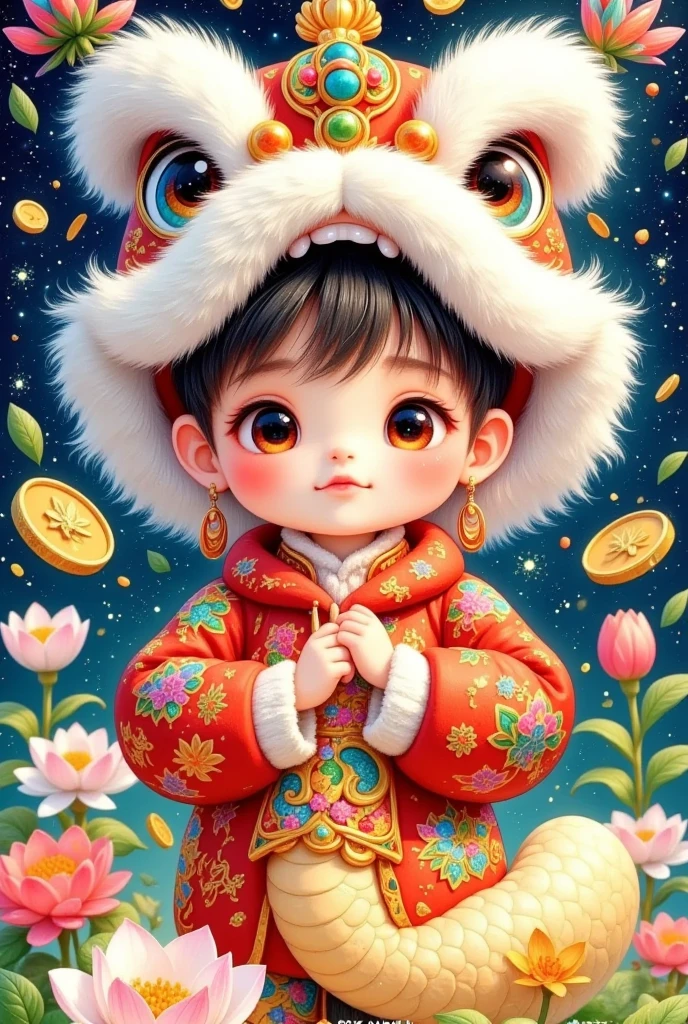 (Closeup of a beautiful boy wearing a Chinese lion hat)， cute faces，Open your arms，Snake Body，A snake tail in the back， Rain of coins in the air。Flowers，Cute and lovely