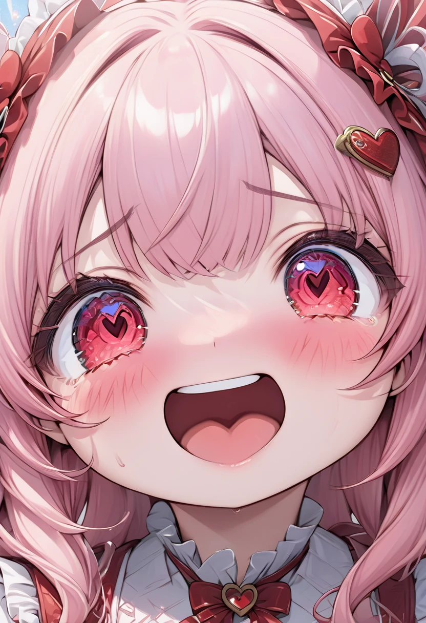 close-up of face, cute chibi girl in love for the first time, pupils are heart-shaped, panic expression, happy, embarrassed and happy expressions, heart is pounding, about to faint, ultra detailed, absolutely resolution, masterpiece