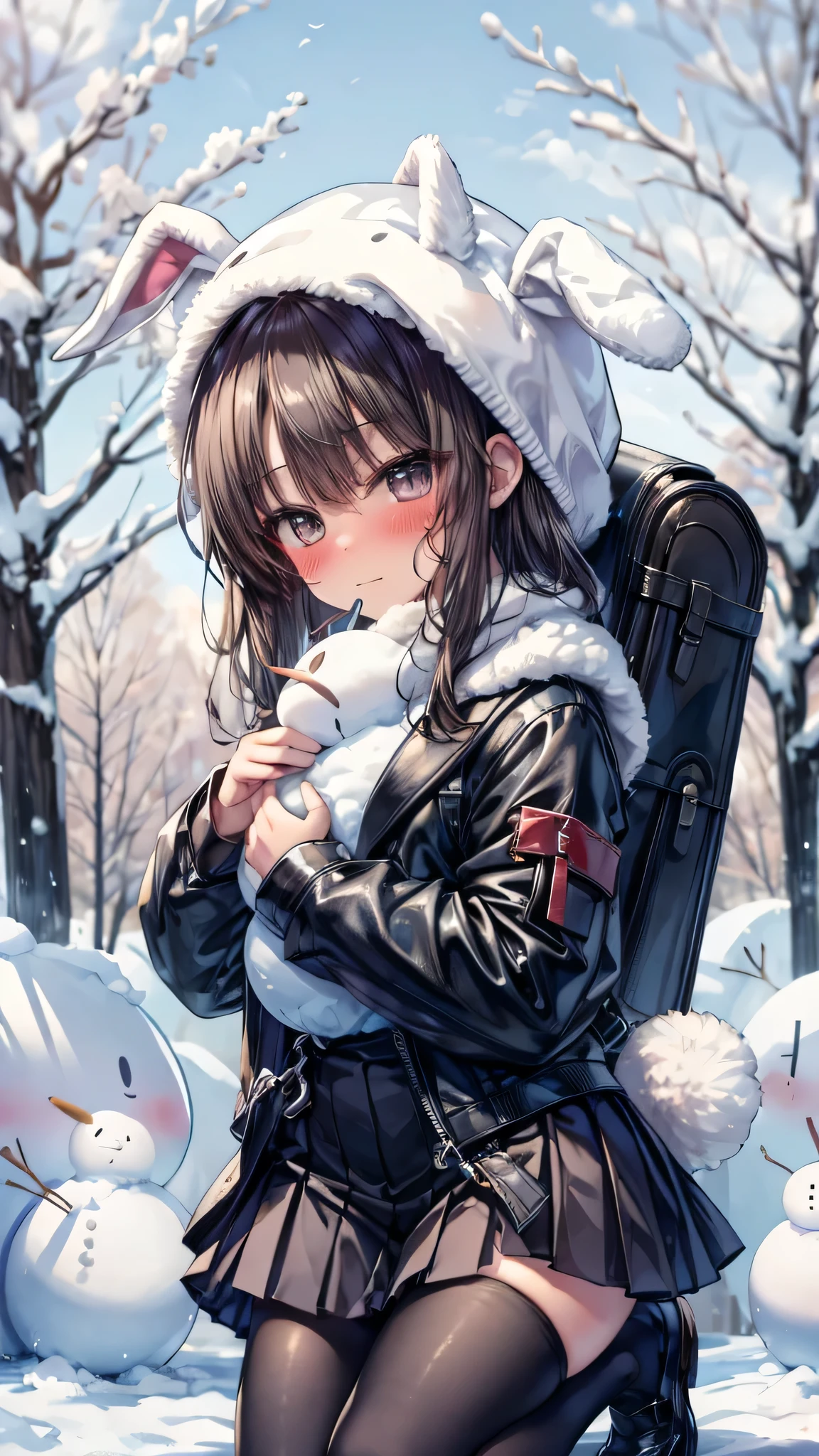 ((masterpiece, sidelighting, finely detailed beautiful eyes: 1.2)), (anatomically collect:1.3), Extremely cute, (extremely detailed beautiful face), (Authentic skin texture:1.4), (outdoor, winter, snowy landscape, park:1.2), (1  girl:1.8), (Loli:1.8), (small stature, petite body:1.8), (flat chest), (short black hair), (glasses:1.3), (duffel coat, woolen scarf, Woolly hat with rabbit ears:1.2), (tights, loafer:1.2), (blush cheek:1.4), (shy, happy), (face focus:1.2), (kneeling, hugging a large snowman:1.4), carrying randoseru backpack, (steam)