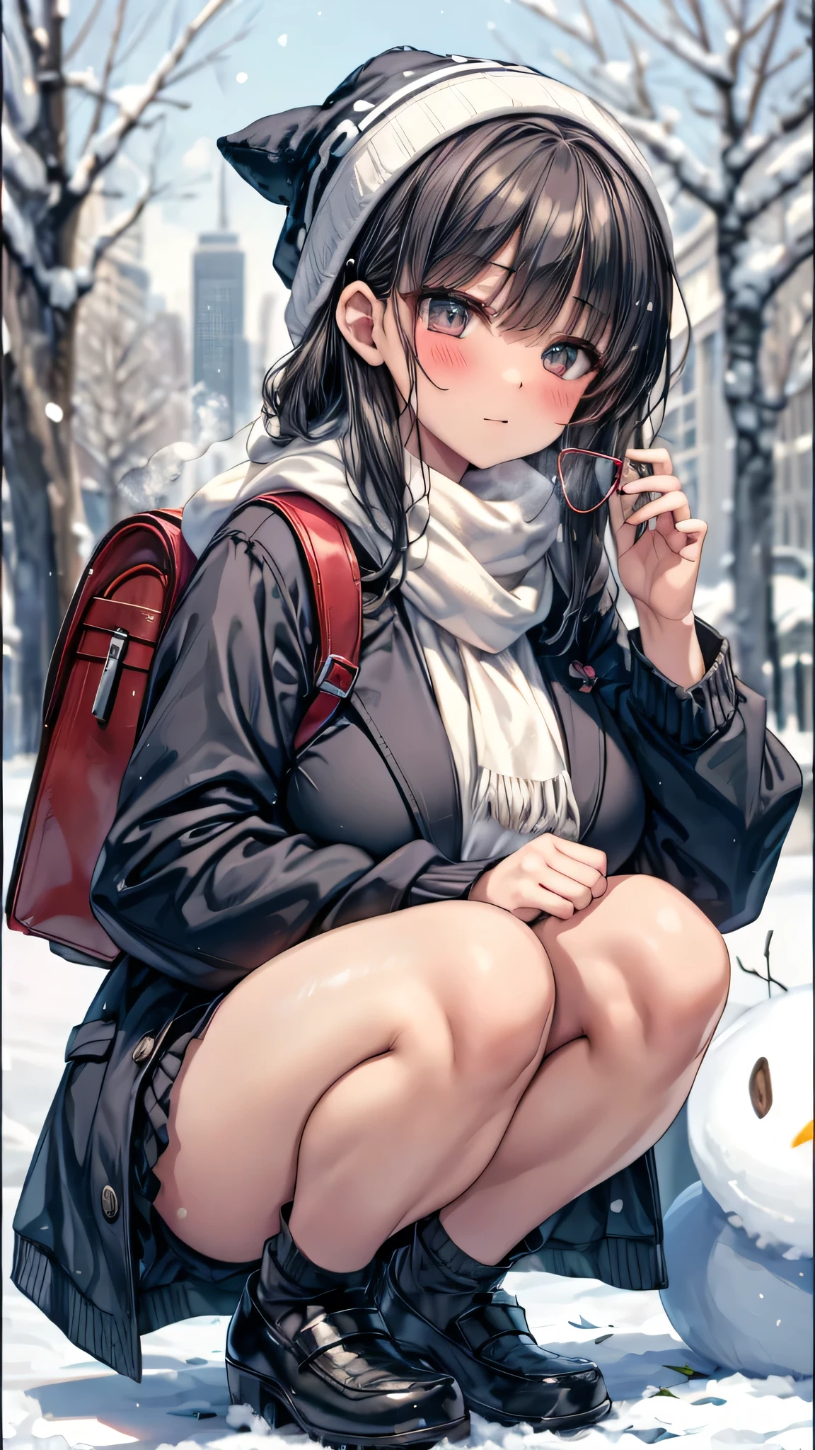 ((masterpiece, sidelighting, finely detailed beautiful eyes: 1.2)), (anatomically collect:1.3), Extremely cute, (extremely detailed beautiful face), (Authentic skin texture:1.4), (outdoor, winter, snowy landscape, park:1.2), (1 hit  girl:1.2), (huge breasts:1.4), (slender body:1.2), (short black hair), (duffel coat, woolen scarf, Woolly hat:1.2), (stockings, loafer:1.2), (glasses), (blush cheek:1.4), (shy, happy), (face focus:1.2), school bag, (steam), (squatting by snowman:1.2)