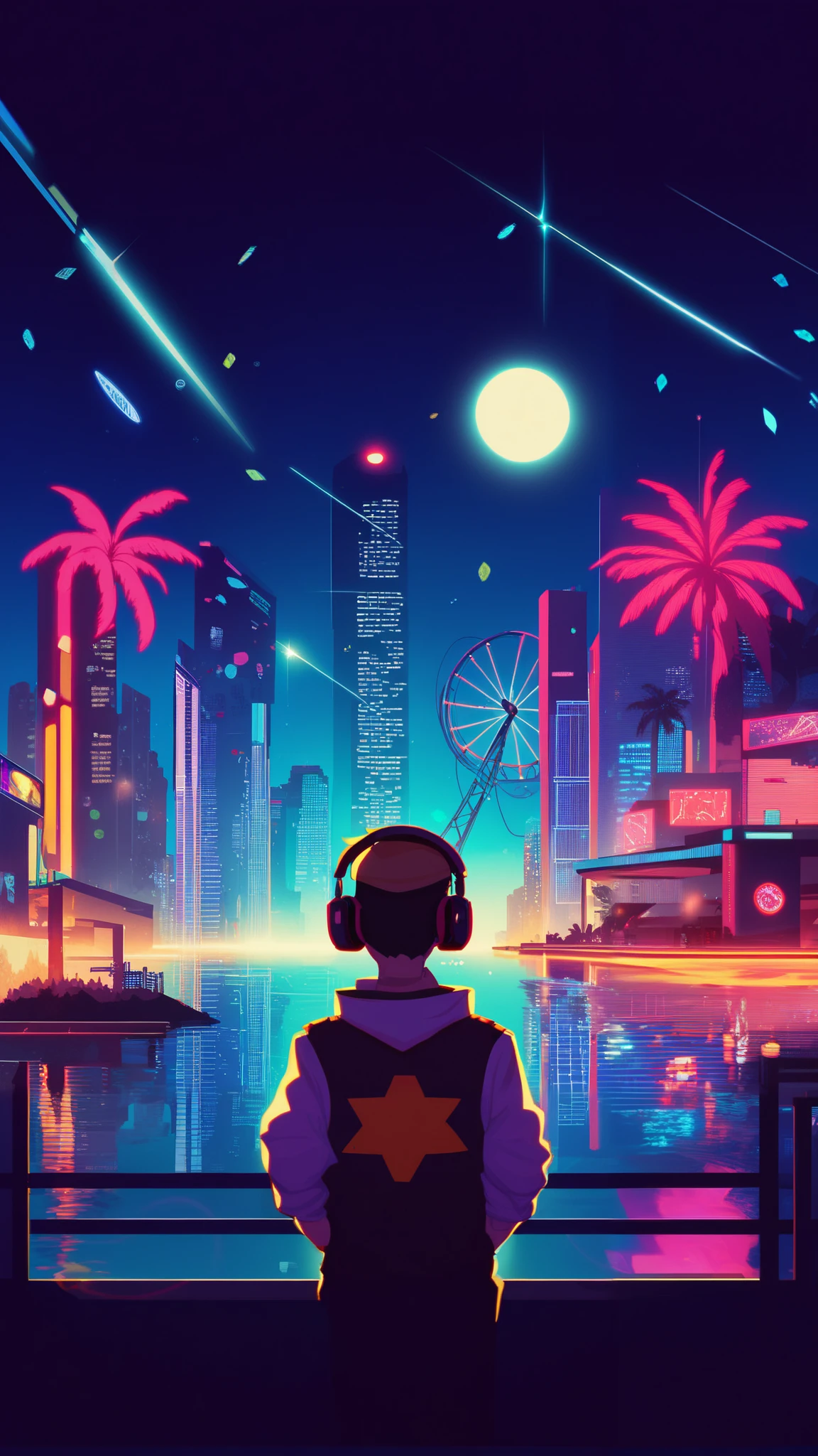 anime style, cool and edgy, thicker outlines, painterly elements, fine details, soft edges, A serene and lively night scene of a futuristic city**, neon lights illuminating tall buildings, palm trees, and a Ferris wheel, person with headphones gazing at the water, vibrant reflections, cyberpunk aesthetic, dynamic lighting, tattos, fashionable, posing, expression, stylish, striking, modern, fashion, ((boy)) 