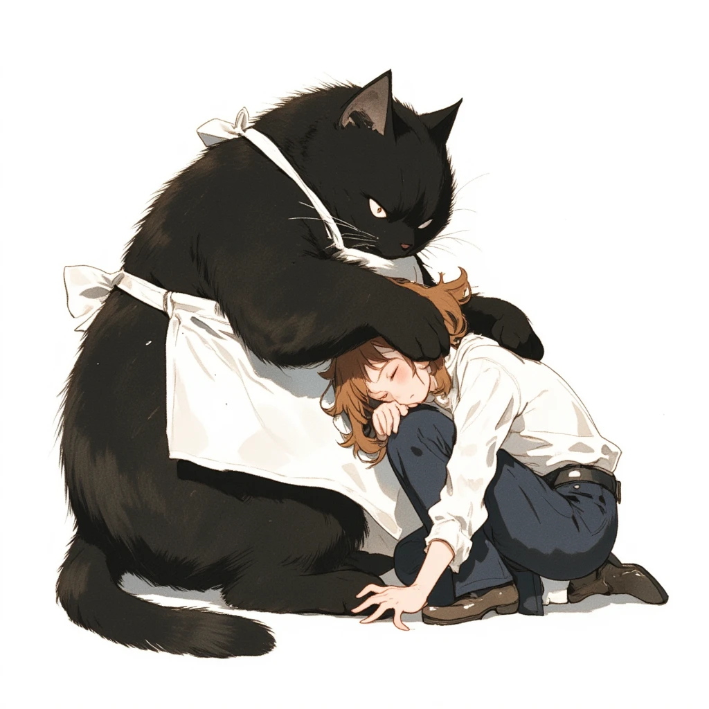 Watercolor painting illustration, upper body, A big-black-cat is pressing his big cat paw against a cute-young-lady face, Her face is buried in the big cat's paws, Her face is hidden by the big cat's paws. The cute-young-lady is comforted by burying her face in the big cat's paws. A big-black-cat is 1cat\(A fat furry male black cat, wearing a white apron with long sleeves, His Ears tilted back and spread out to the sides, drooping ears, Slit yellow eyes, slit eyes, slit yellow eyes\), A cute-young-lady is 1lady\(brown hair, wearing an office worker's outfit with dark navy pants and white raffled shirt\), simple white background