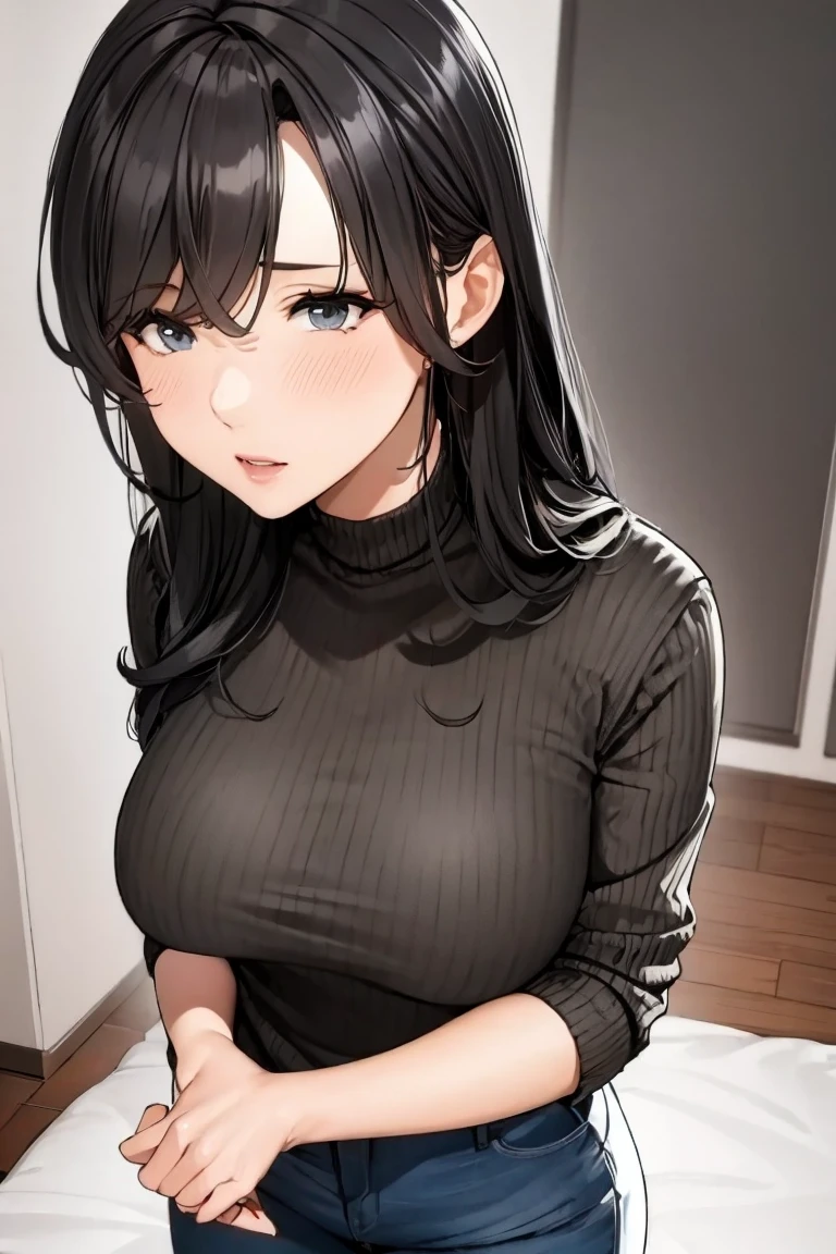  long straight black hair up to the waist　 fluffy hair 　 voluminous hair　Adult-like hairstyle　Late 30s　 Black Knitted Sweater 　 sad expression 　whole body