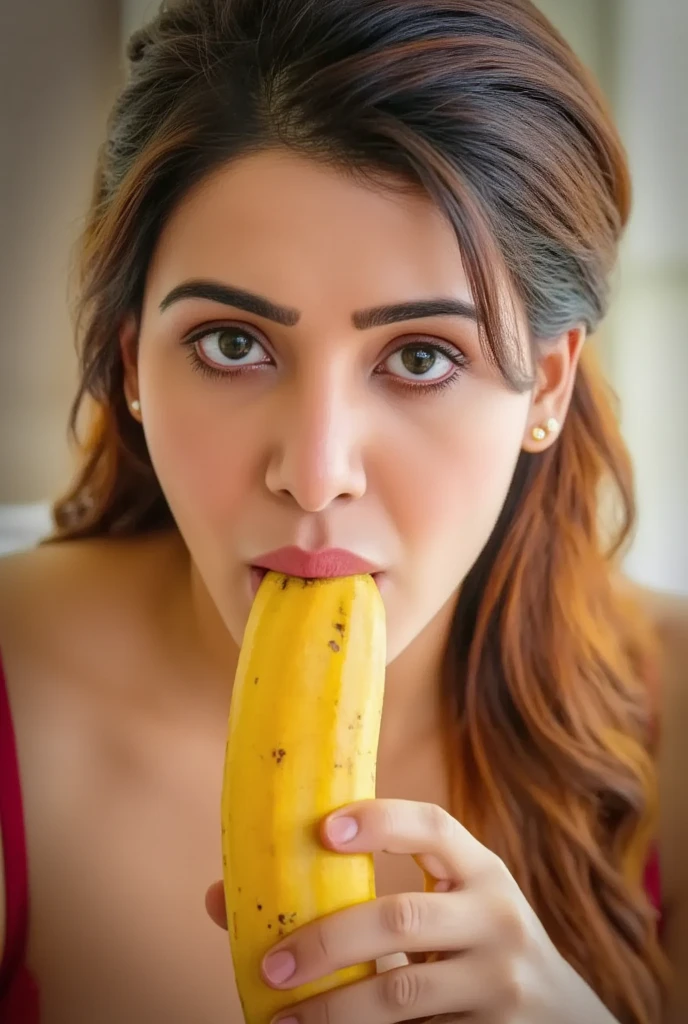 A woman eating a large banana, detailed facial features, beautiful eyes, lush lips, photorealistic, high resolution, 8k, hyperdetailed, studio lighting, dramatic chiaroscuro, cinematic, moody lighting, dramatic shadows, rich colors, vibrant, oil painting, masterpiece, intricate details, hyperrealistic