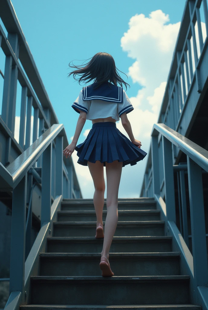 Schoolgirl walking up the stairs as wind blows and lifts her skirt completely 