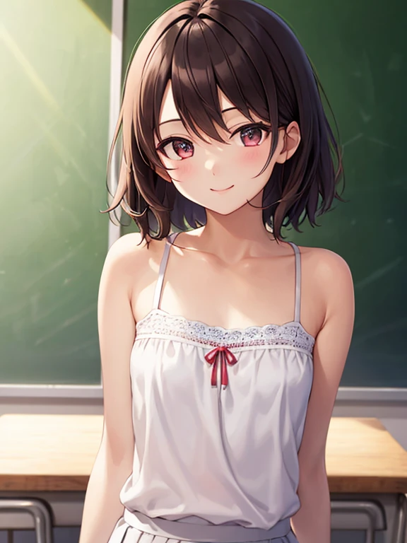 Rio Futava,  high definition ,  top quality,  illustrations,  super detailed, (Surface Details), (Eye for detail),  soft lighting ,  top quality,  super detailed, masterpiece,  1 girl, Alone, camisole,  pleated skirt , 輝く瞳, ( brightly colored),  upper body,  Smile on your face  , classroom,   viewers in a row of cherry blossom trees、Summer Skirt,  white cute panties 、The skirt&#39;Not much upward movement,Go around on all fours ,It looks like it was taken from behind