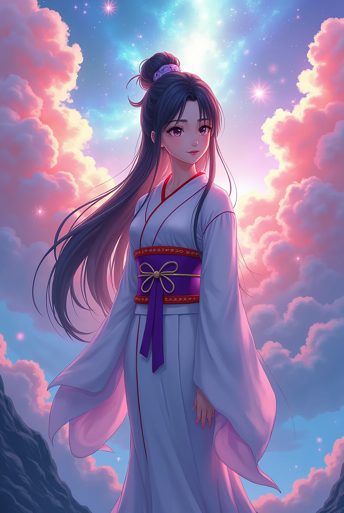  Japan's Kirishima Mountain Goddess ,  the greatest beauty in the anime world ,  Long Black Hair Updo , (Beautiful thin eyes), Mid-chest,  white kimono with a red collar , The obi is a purple color ,  Vivid Seven Colored Clouds ,  Vivid Light Emitting from Within the Clouds,  fantasy, colorful clouds, Light hits the goddess's body and emits light,  It's brightly colored ,  fantasy, whole body,  best quality,  high image quality, masterpiece, 8K wallpaper,  high definition ,  Detailed Anime Art ,  fantasyアート,