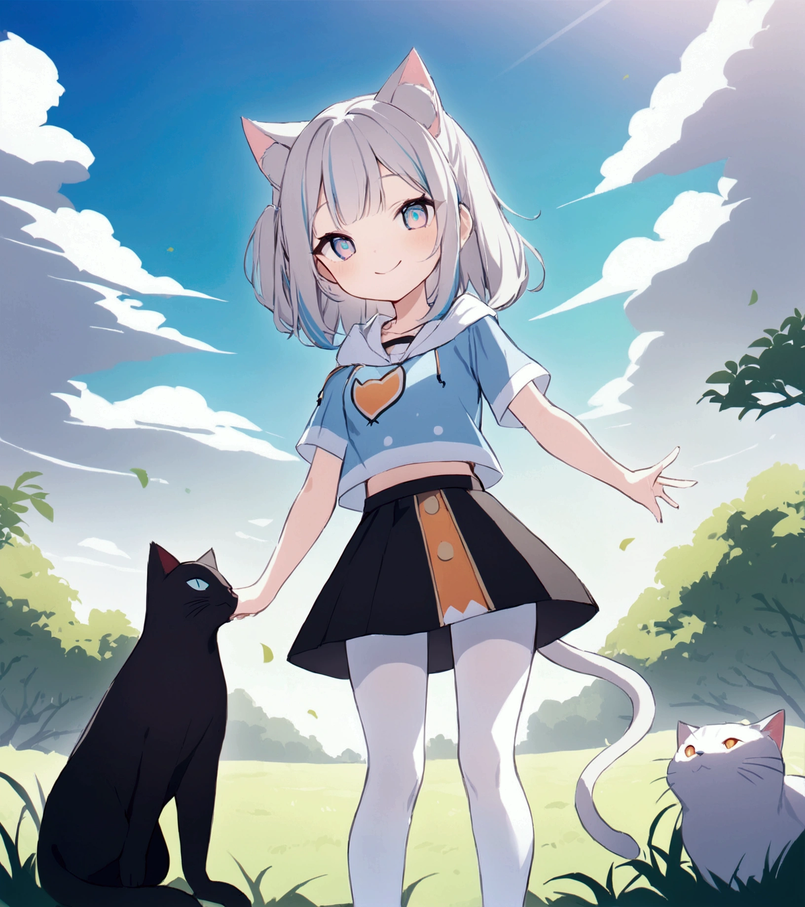   A girl with cat ears ， a black cat tail ， a white cat tail ， a gray cat tail ， two white cat ears ， with a touch of gray on the tip of the right ear ，Red pupil of the left eye，Right eye purple pupil ， top, white short-sleeved t-shirt ， with half an orange pattern printed on the chest ，Outfit blue hooded short sleeve jacket， bottoms, black skirt has white stripes on the side ， with a small orange pattern embroidered on the side {x}，Hair color pure white ， white pantyhose on the legs ，Smile， Bright Eyes ， standing on a sunny meadow，Hands in the heart