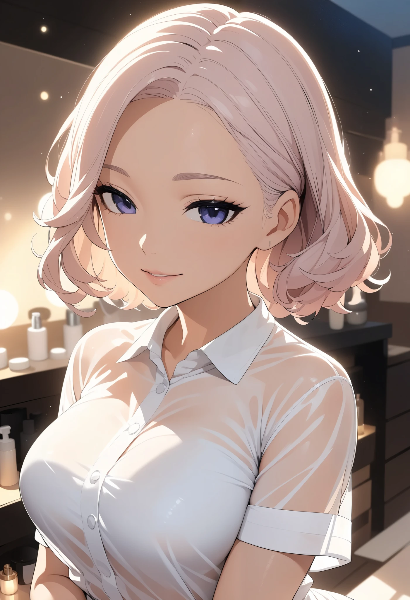 A beautiful and erotic woman wearing a white shirt made of see-through material, female esthetician , Face and eyes crafted down to the smallest detail , long eyelashes, beautiful lips, perfect skin, elegant poses, gentle smile, Details made down to the smallest detail , Oil for beauty salons, towel, beautiful lighting arranged in an orderly manner, CG illustration, Chibi cute, 8k, high definition, masterpiece, Cinematic Lights, soft focus , Natural Skin Tone, delicate face, gentle expression