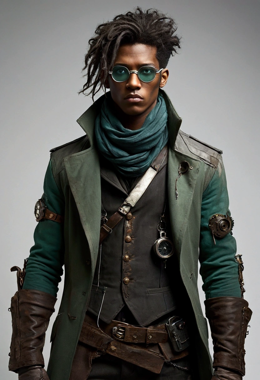 Four different views (front, top, back, and side) of a post-apocalyptic, Create a full-body male character concept art, a determined 21-year-old in a steampunk-space opera world. His long hair, inspired by JB from GOT7, is slightly disheveled and covers part of his face. He wears scavenged clothing that shows signs of wear—tattered layers, heavy boots, and a patched coat. His demeanor is serious and focused, reflecting his harsh experiences. He is always seen wearing interesting glasses, which hide his eyes and protect people from his powers. The design should combine steampunk aesthetics with futuristic tech, creating a mix of rugged and advanced elements in his attire. Cool and Dark Color Palette: Dark and muted tones can reflect your distant, serious personality with a complex emotional background. Main Colors: Ash gray and black: to represent hardness, uncertainty and your internal struggle. Dark blue or petrol blue: these cool tones can symbolize your reserved, mysterious and analytical nature. Accents: Silver or metallic gray: can be linked to the scientific/technological aspect of the world and the fact that your power is more mental and linked to perception. Pale emerald green: to highlight details of your design, especially related to your glasses, giving it an almost "cold but sensitive" touch, without being too warm.
