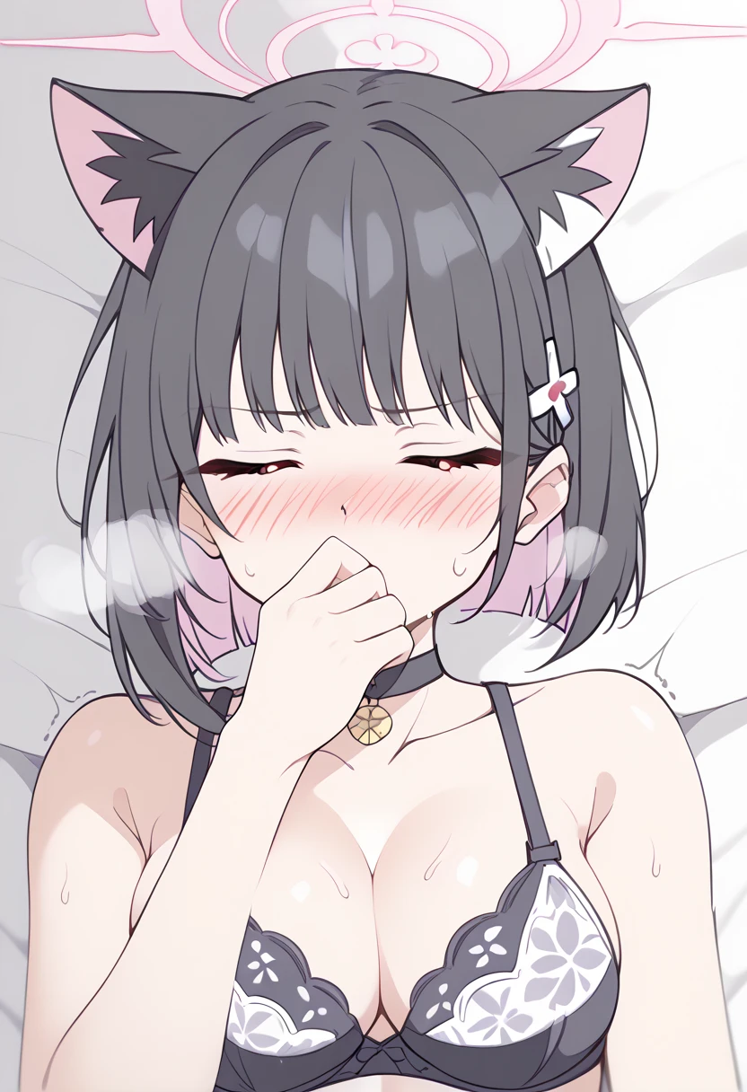 source_anime, anime style, 1girl, karyl, animal ear fluff, animal ears, black hair, black ribbon, cat ears, cat girl, cat tail, fang, green eyes, hair bow, long hair, low twintails, multicolored hair, purple bow, ribbon, skin fang, streaked hair, tail, twintails, vertical stripes, white hair, saliva, cum in mouth, cum on face, cum on body, torogao