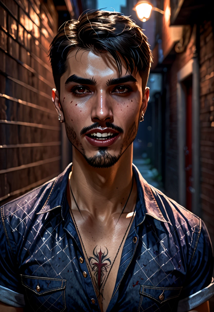 in the style of Charlie Bowater, (UHD),Vampire, Detealized face, fangs, man in an alley, net shirt, latino, jeans, barefoot, mouth open to bite, brown short hair, small tattoo (cross) on face (right cheek), nacht