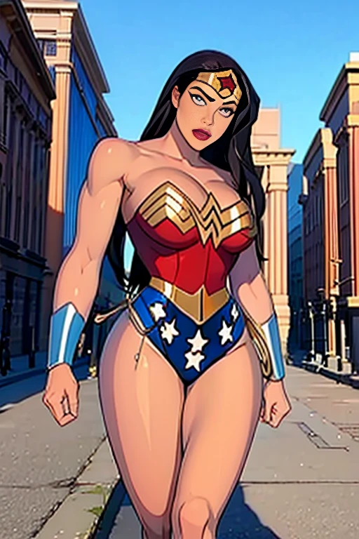   with a cool and handsome face 、  Wonder Woman costume with a cool and charming face 、  beautiful young woman、18 years old、   Toned Muscles 、Cool and charming  、 sharp eye、 Big Breasts 、