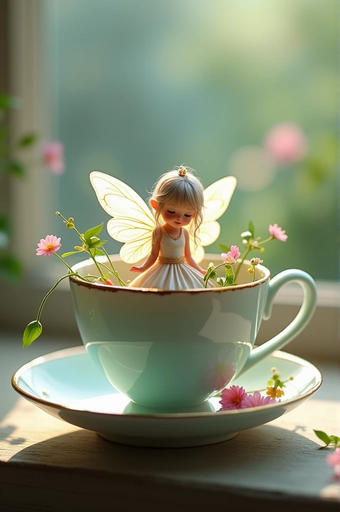A whimsical tableau in which a minuscule fairy, adorned with gossamer wings and clad in a luminous dress that reflects the warm hues of a nearby sunflower, tenderly assists an ant in distress. The ant, seemingly oblivious to the vast size difference, clings to the rim of a delicate porcelain tea cup filled to the brim with a golden brew. The fairy's dainty hand, no larger than a grain of rice, is extended over the tea, her fingers gently curling around a slender stalk of mint which acts as a makeshift bridge. With a look of determination and care, she lifts the ant from its precarious situation, her eyes filled with empathy as she watches the tiny creature scurry to safety on the mint leaf. The cup's intricate design, reminiscent of an English garden, contrasts with the fairy's ethereal presence, creating a delightful juxtaposition of the mundane and the magical. The scene is bathed in a soft, natural light that filters through the leaves of an overhanging tree, casting dappled shadows on the wooden table surface. A serene atmosphere pervades the moment, captured in the way the steam from the tea rises to kiss the fairy's cheek, as if nature itself is acknowledging the act of kindness unfolding before it.