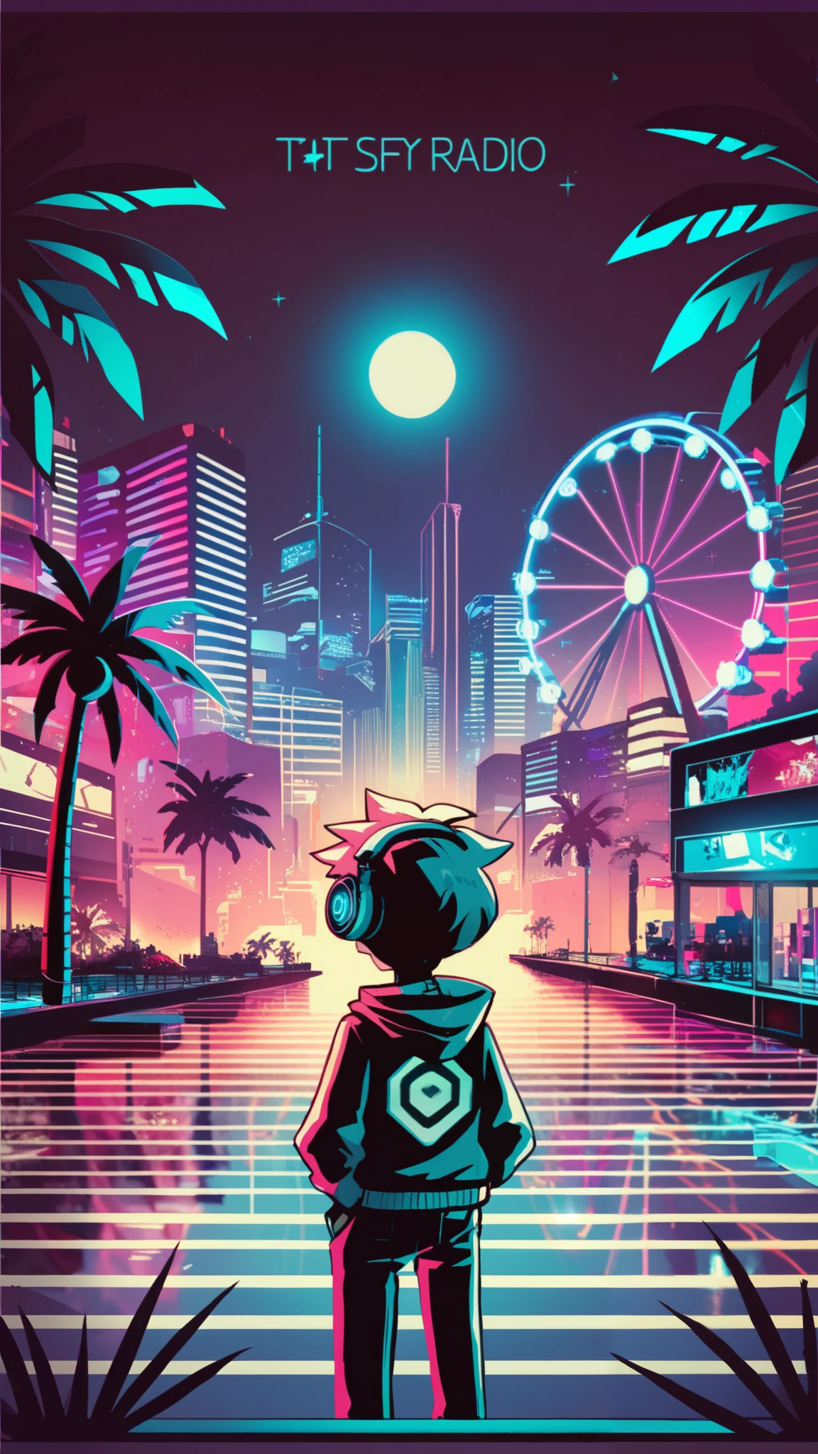 anime style, cool and edgy, thicker outlines, painterly elements, fine details, soft edges, A serene and lively night scene of a futuristic city**, neon lights illuminating tall buildings, palm trees, and a Ferris wheel, person with headphones gazing at the water, vibrant reflections, cyberpunk aesthetic, dynamic lighting, tattos, fashionable, posing, expression, stylish, striking, modern, fashion, ((boy)) 