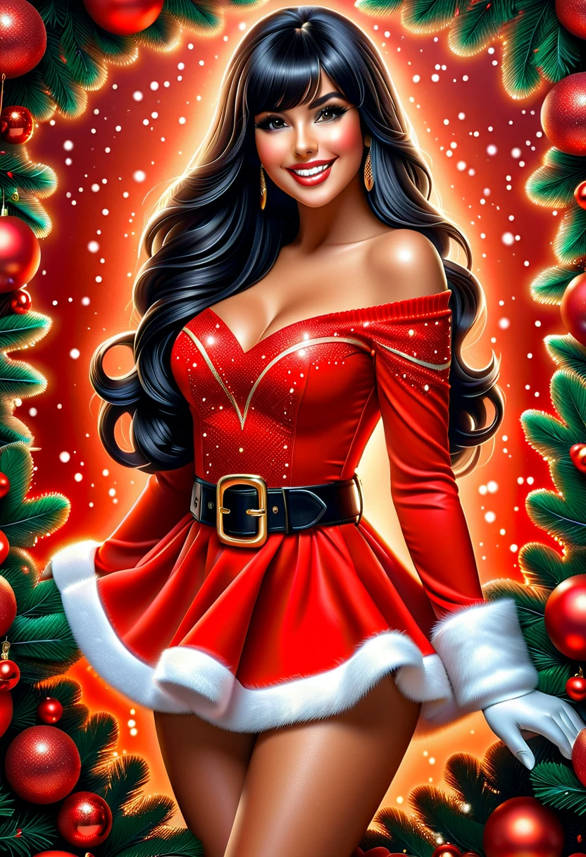 Best quality, acrylic illustration in realistic style, a brazilian beautiful woman with black straight long hair and bangs, make up, lashes, smiling, she is wearing santa claus red mini dress, belt, red leather gloves, shine pantyhose, over-the-knees black boots, your hands is on waist, in christmas decorated florest background