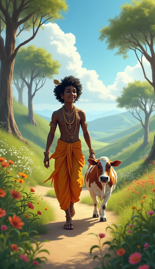 Little Krishna with 4 cow and 3 peacock in mountain
