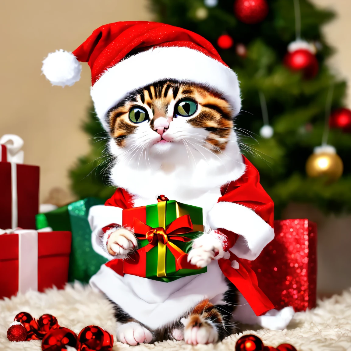 (kitten in clothes), holding a gift box in his hand, cute, masterpiece, highest quality, fluffy cat, happy for Christmas, illumination, Christmas tree, Santa hat, fun, anatomically very accurate, photorealistic, cat, ragdoll,