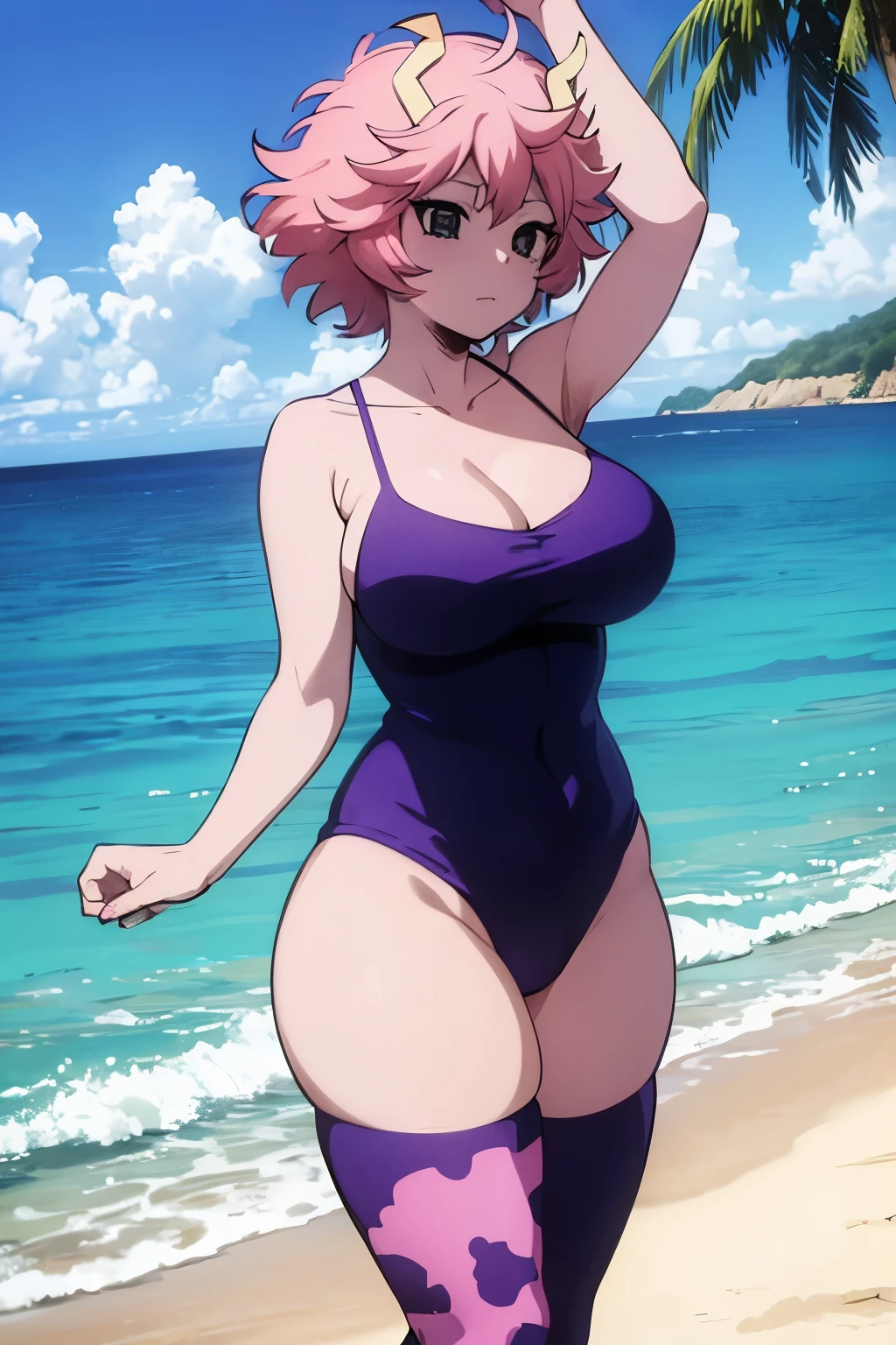 1girl, Mina Ashido, Big Breasts, Chubby, Thick Tights, Big Ass, Slender Body, Beach, Sunny Day.