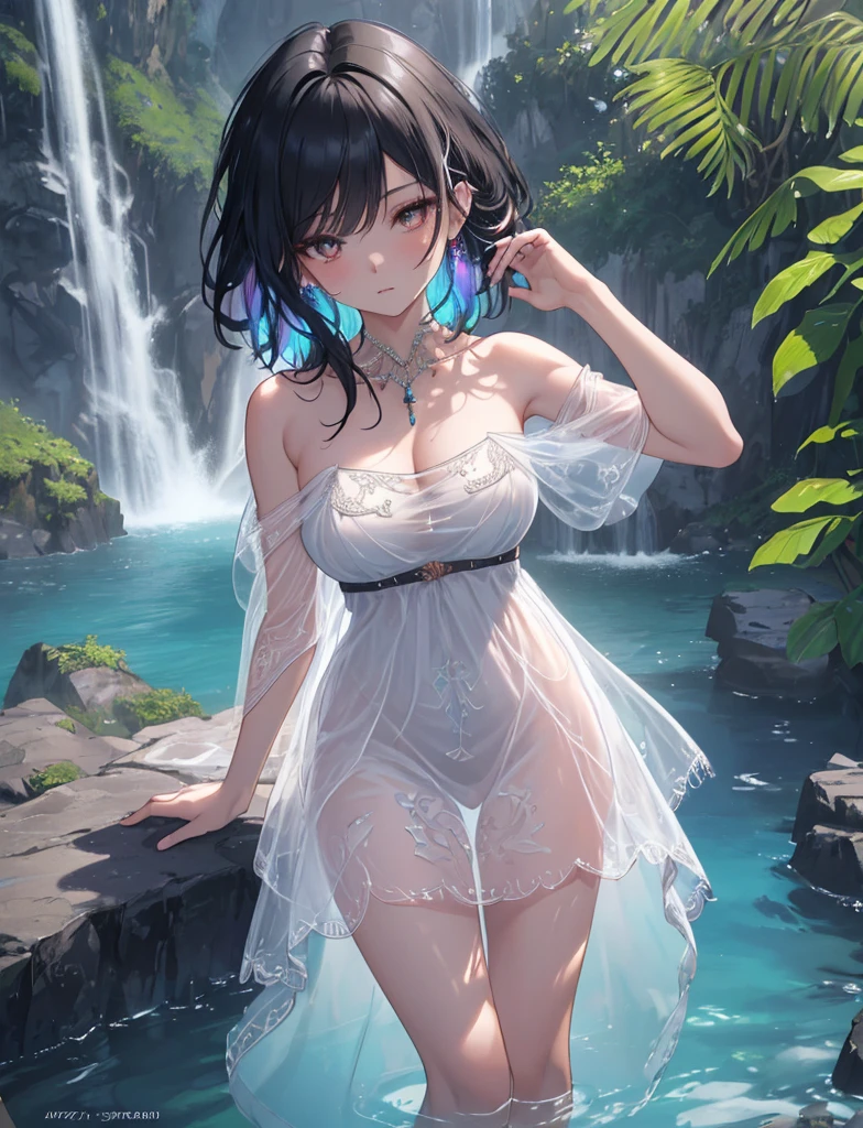 NSFW, (masterpiece}, {High resolution}, {Good anatomy}, (highest quality), (Very delicate and beautiful), {8K CG wallpaper}, {{An illustration}}, (Grayscale with colored background:1.1), Ray Tracing, Bokeh, (Colorful flowers:1.8), water, (water滴:1.8), (ripple:1.3), (reflection:1.1), (Light Particles:1.5), chromatic aberration, From the tongue, whole body, (Mature Woman), 1 Girl, solo, Are standing, Completely naked、Wet、Blushed、Mid-chest、(Cleavage:1)、Hiten 1、Menstrual blood

