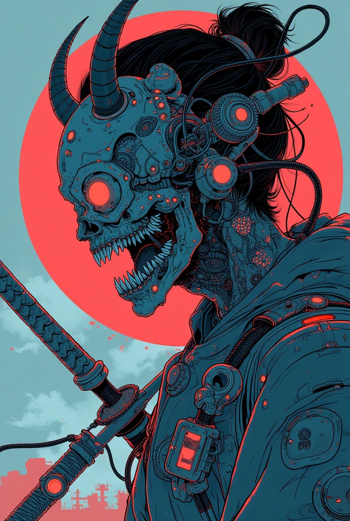  anime-style illustration of a devil with a sword and a demon mask, Urban Warrior, Demon Samurai,  Cyberpunk Samurai , very beautiful  Cyberpunk Samurai , grim Reaper, Street Samurai,  afro samurai anime style , Tyler Jacobson style ,  modern cyberpunk anime, afro samurai style, Neon Samurai,  afro samurai anime style , Demon Samurai warrior, portrait of a  Cyberpunk Samurai 