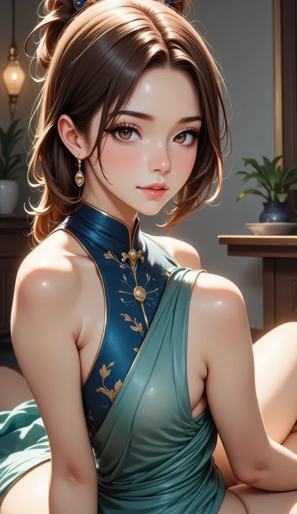 one woman, Wearing High-end and luxurious Chinese dress, dark blue with green color, anime style, cinematic lighting, ray tracing, masterpiece, best quality, UHD, retina, 16k, 