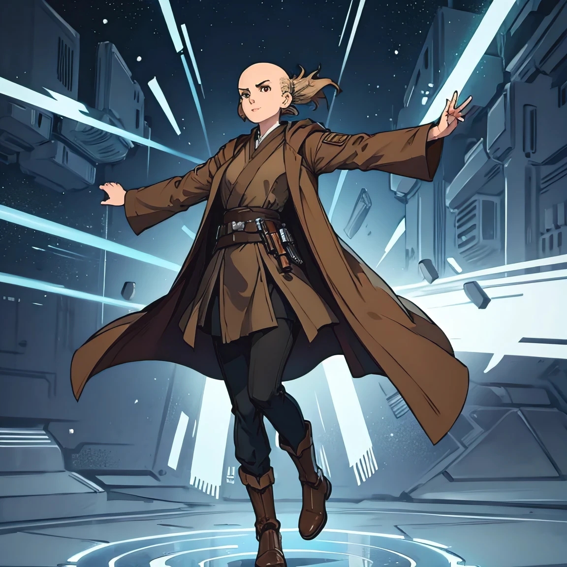 1girl, solo, bald, flying, floating in the air, elegant, dynamic pose, arms outstretched, wearing jedi robes, jedi outfit, she is wearing a long brown coat, long floating coat, jedi coat, jedi belt, jedi boots, jedi uniform, floating fabric, floating long coat over clothes, leg bent, knee bent, elegant, white background, simple background, blank background