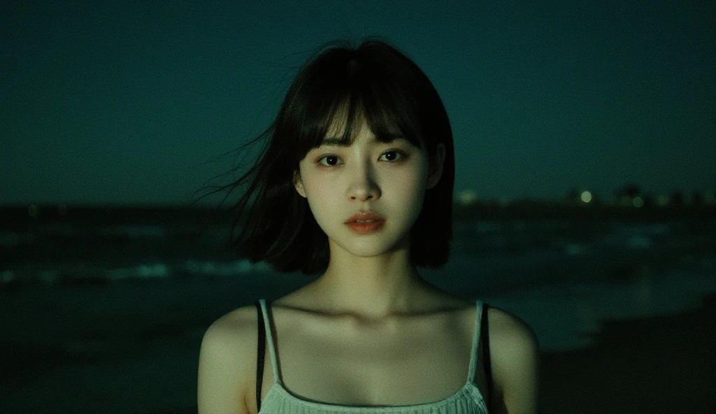 A 20-year-old woman with a very cute idol-like face and a young-looking face.、((leica 50 mm prime lens, cinestill 800T film))、((cinematic lighting))、(Cleavage)、(((Beautiful starry sky on the beach at night)))、((Very dim lighting))、((Don't expose your face to the light))、((Long-distance shot))、(live-actionと見分けがつかない高品質)、RAW Photos、Genuine、live-action、High resolution、masterpiece