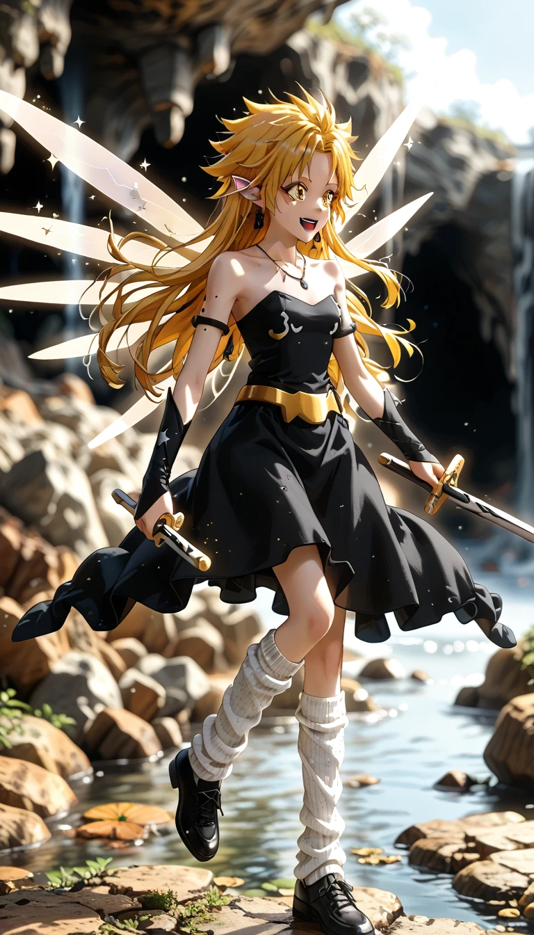 score_7_up, Animated screen capture, Ramiris TS  ,  1 girl, Alone,  open mouth, smile,  long hair, Dual Swords,  blondes, yellow eyes,  holding a star , Facial Pattern, Fairy Wings, Mole on arm,  tube top dress  ,  black dress, armlet,  necklace, Gold Belt,  bridal gauntlet,  Black Gloves  ,  Loose Socks,  holding white socks  , Black shoes, aura,  flying、  viewers、  Blurry Background, indoor, cave