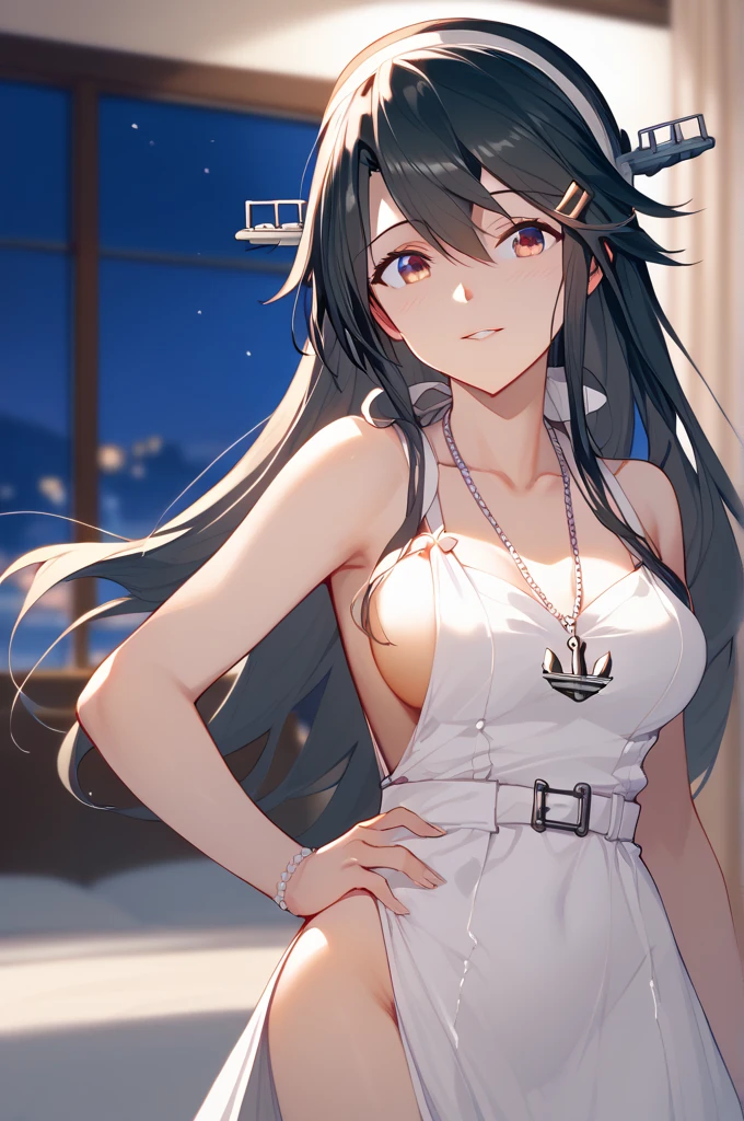 masterpiece, high resolution, Haruna-Kancolle, high resolution face, (high resolution eyes),
hmharuna, white hairband, hairclip, anchor necklace, jewelry, long hair,straight hair,harunakainiKC、(evening dress:1.3)、 hair ornament, shoulder out、groin,sideboob,deep slit,black hair
BREAK
25 year old woman,sexy Lip、slender body、medium breasts
BREAK
high definition , masterpiece,  anatomically correct ,  very detailed,  High Quality 
BREAK
(bedroom at night:1.3),Dienamic sexy pose,cowboy shot