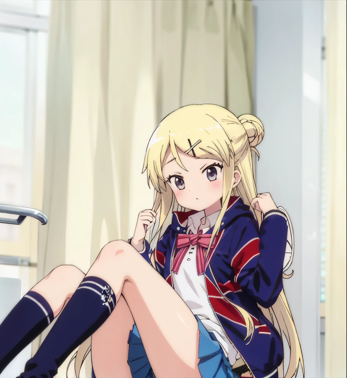 A girl in a miniskirt in the infirmary holding her knee KUJO KAREN UNION JACK JACKET, STRIPED BOW, WHITE SHIRT, LONG SLEEVES, PLEATED SKIRT, BLUE SKIRT, KNEEHIGHS, SNEAKERS