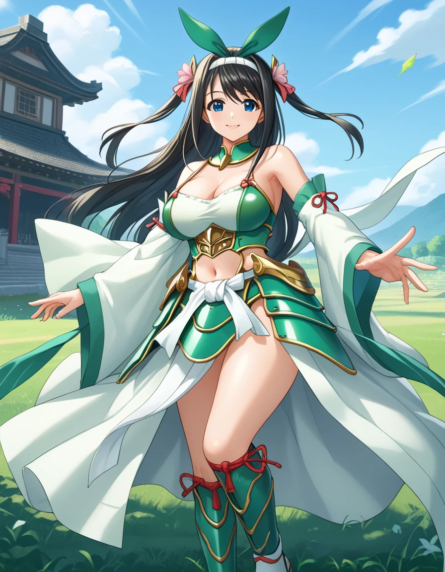 _Yoshimoto_(Sengoku_Otome),  long hair,  blue eyes,  black hair,   Big Breasts, 
green_ has , white hair band, Bare shoulders, green_armor,  clevis on a stone, light_green_Detached_sleeve , belly button, absolute_field,  white knee-highs, or, Sandals, 
 standing with different breasts ,  dynamic pose  ,
  closed mouse, ,light smile
looking at viewer,( cowboy shot :1.3),
 outdoor,, score_9, score_8_up, score_7_up,   top quality,  high definition ,  absurd,  source_Anime, zPDXL3,  1 girl,Alone