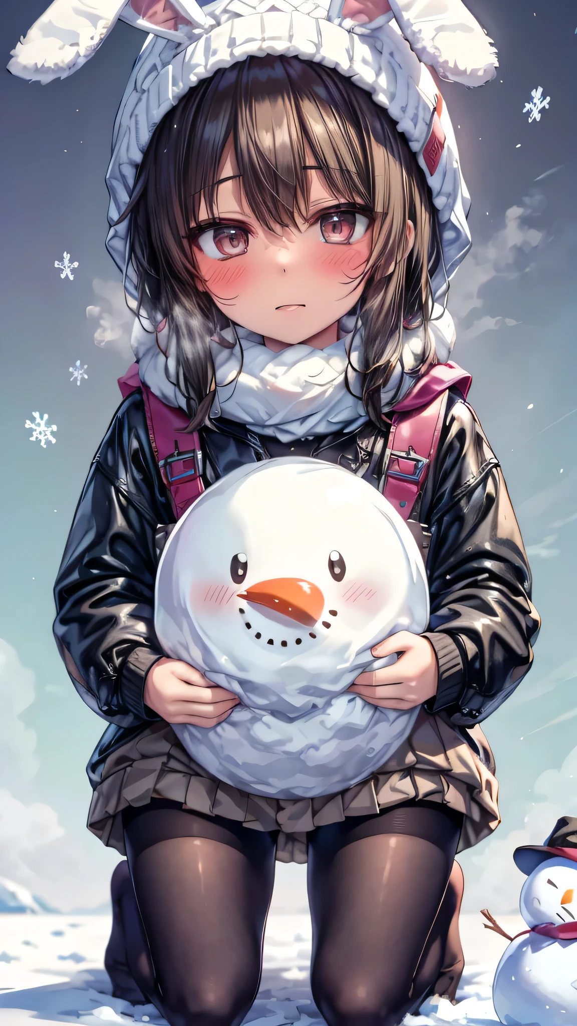 ((masterpiece, sidelighting, finely detailed beautiful eyes: 1.2)), (anatomically collect:1.3), Extremely cute, (extremely detailed beautiful face), (Authentic skin texture:1.4), (outdoor, winter, snowy landscape, park:1.2), (1  girl:1.8), (Loli:1.8), (small stature, petite body:1.8), (flat chest), (short black hair), (glasses:1.3), (duffel coat, woolen scarf, Woolly hat with rabbit ears:1.4), (tights, loafer:1.2), (blush cheek:1.4), (shy, happy), (face focus:1.2), (kneeling, hugging a long large snowman:1.5), carrying randoseru backpack, (steam)