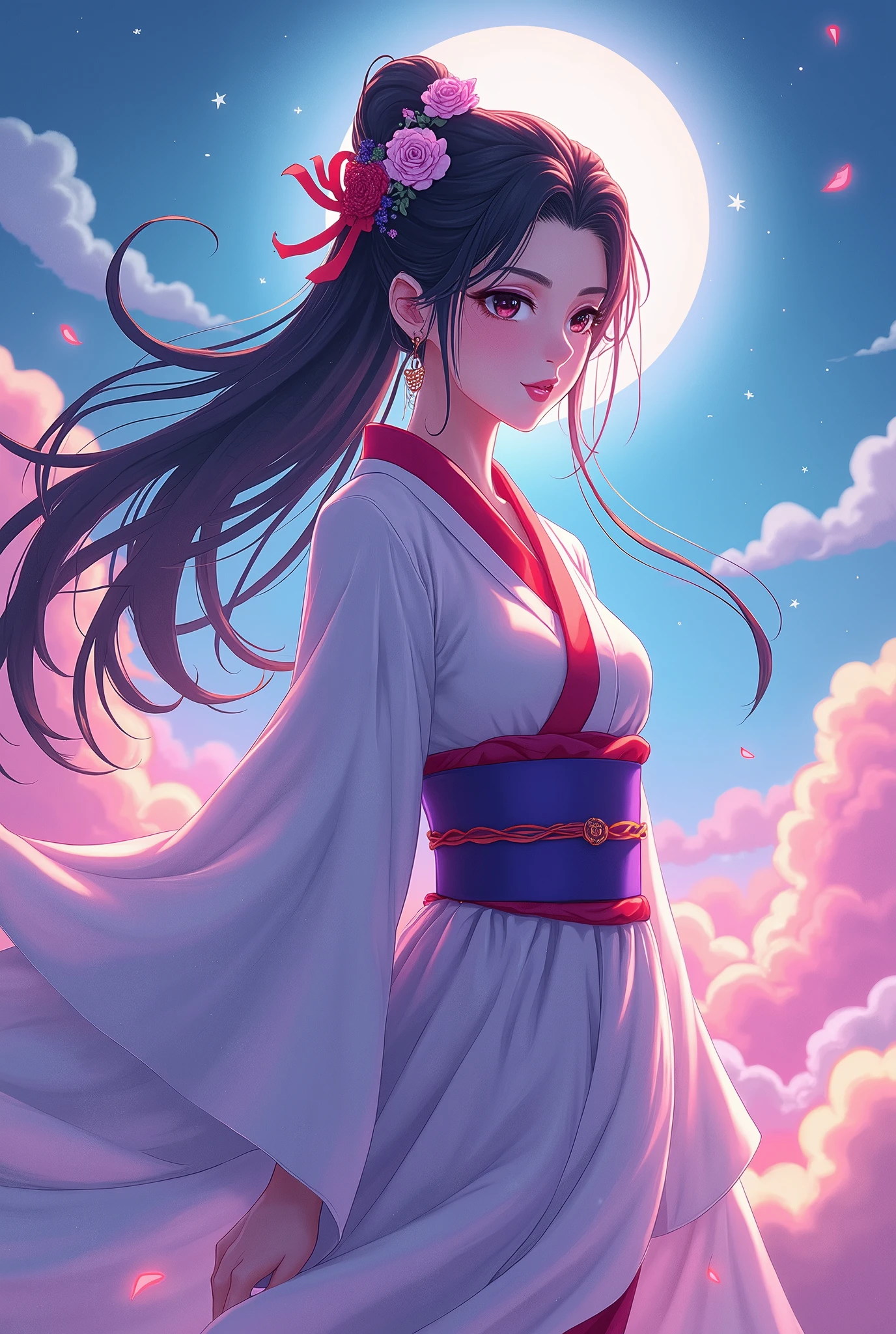  Japan's Kirishima Mountain Goddess ,  the greatest beauty in the anime world ,  Long Black Hair Updo , (Beautiful thin eyes), Mid-chest,  white kimono with a red collar , The obi is a purple color ,  Vivid Seven Colored Clouds ,  Vivid Light Emitting from Within the Clouds,  fantasy, colorful clouds, Light hits the goddess's body and emits light,  It's brightly colored ,  fantasy, whole body,  best quality,  high image quality, masterpiece, 8K wallpaper,  high definition ,  Detailed Anime Art ,  fantasyアート,