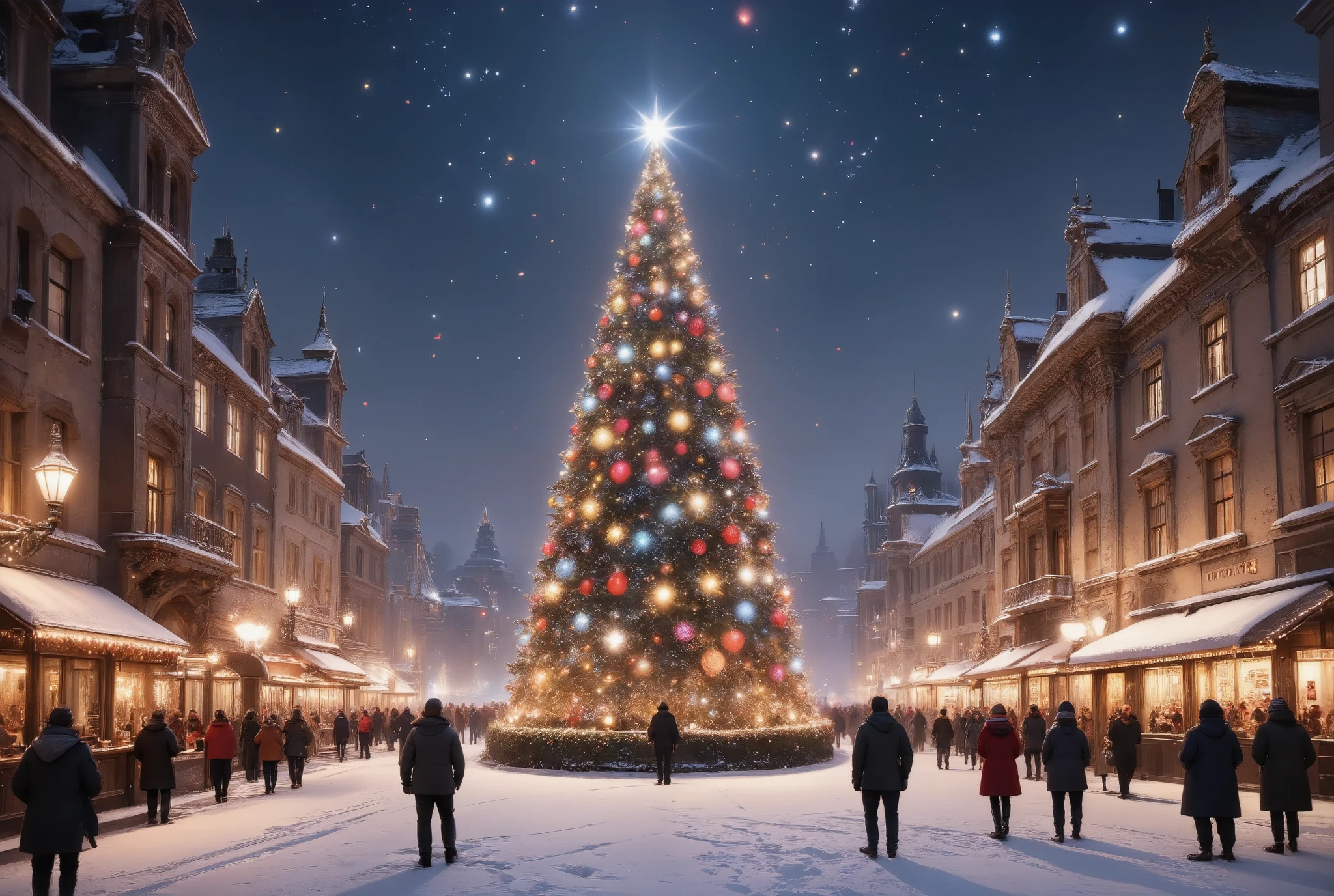 a large christmas tree, snowy neon city street, bustling christmas eve, intricate christmas ornaments, twinkling fairy lights, snowfall, winter landscape, detailed architecture, warm lighting, festive atmosphere, holiday celebration, vibrant colors, photorealistic, 8k, masterpiece, cinematic lighting, volumetric fog, hyper detailed, hyper realistic