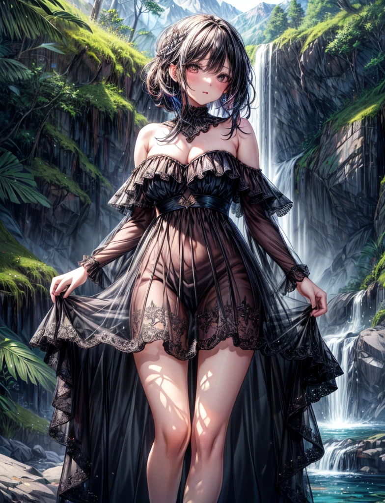 absurdres, RAW photo, extremely delicate and beautiful, masterpiece, Best Quality, ultra high resolution, 32k, hyperrealistic, ultra-detailed, delicate facial features, beautiful detailed woman, tearful mole, earring, medium breasts, full body shot, medium hair, black hair, Legendary Pirate, blouse, short skirt, off shoulder, Eroded Coastline,