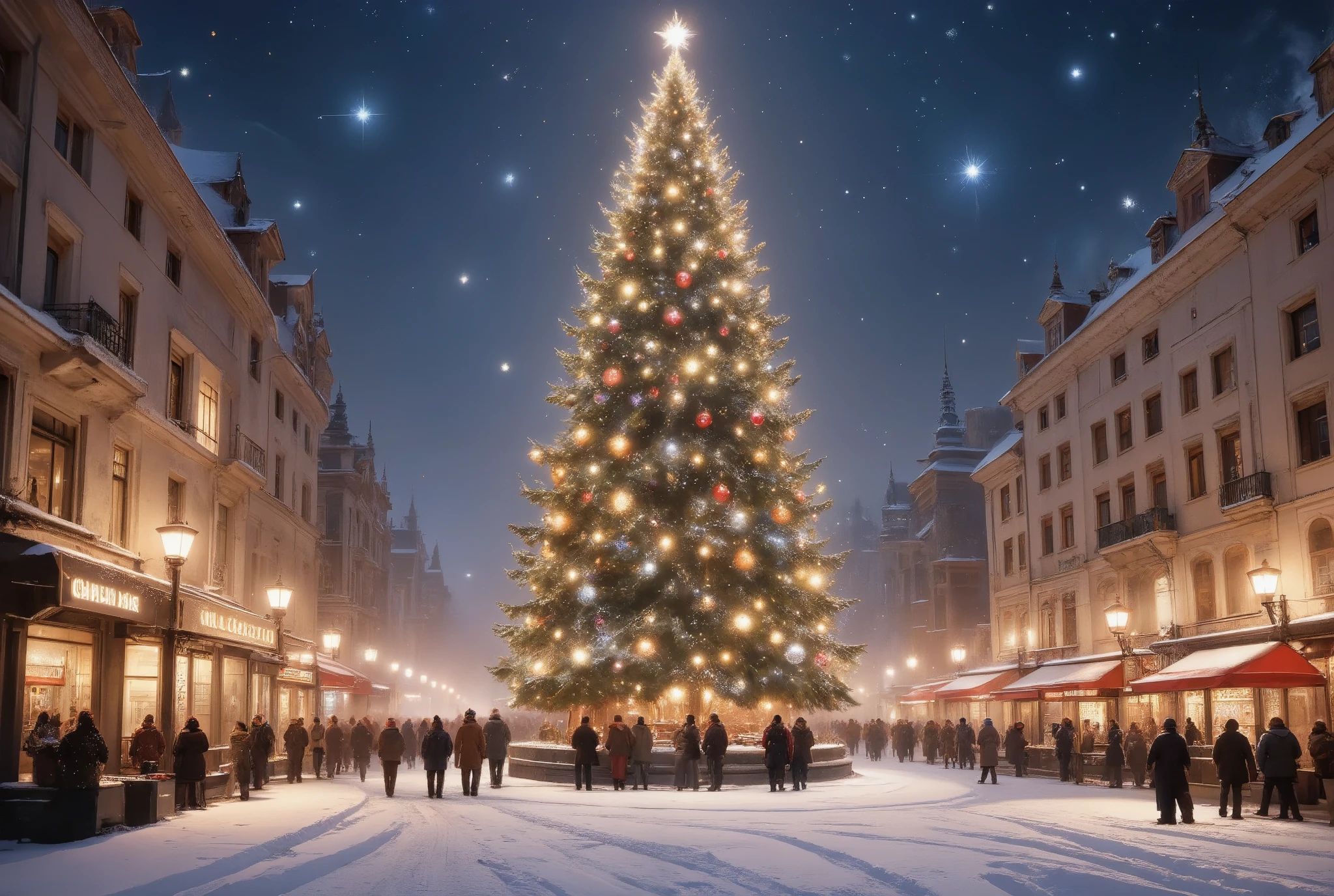 a large christmas tree, snowy neon city street, bustling christmas eve, intricate christmas ornaments, twinkling fairy lights, snowfall, winter landscape, detailed architecture, warm lighting, festive atmosphere, holiday celebration, vibrant colors, photorealistic, 8k, masterpiece, cinematic lighting, volumetric fog, hyper detailed, hyper realistic