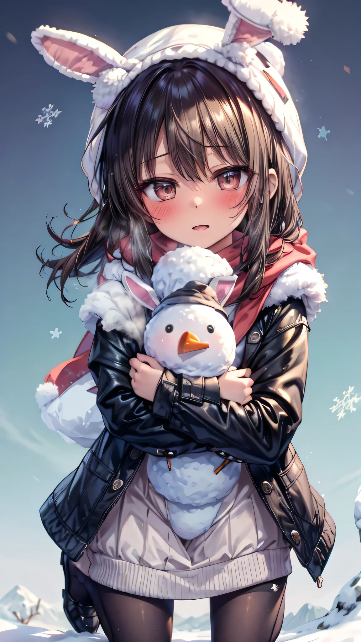 ((masterpiece, sidelighting, finely detailed beautiful eyes: 1.2)), (anatomically collect:1.3), Extremely cute, (extremely detailed beautiful face), (Authentic skin texture:1.4), (outdoor, winter, snowy landscape, park:1.2), (1  girl:1.8), (Loli:1.8), (small stature, petite body:1.8), (flat chest), (short black hair), (glasses:1.3), (duffel coat, woolen scarf, Woolly hat with rabbit ears:1.4), (tights, loafer:1.2), (blush cheek:1.4), (shy, happy), (face focus:1.2), (kneeling, hugging a large snowman:1.5), carrying randoseru backpack, (steam)