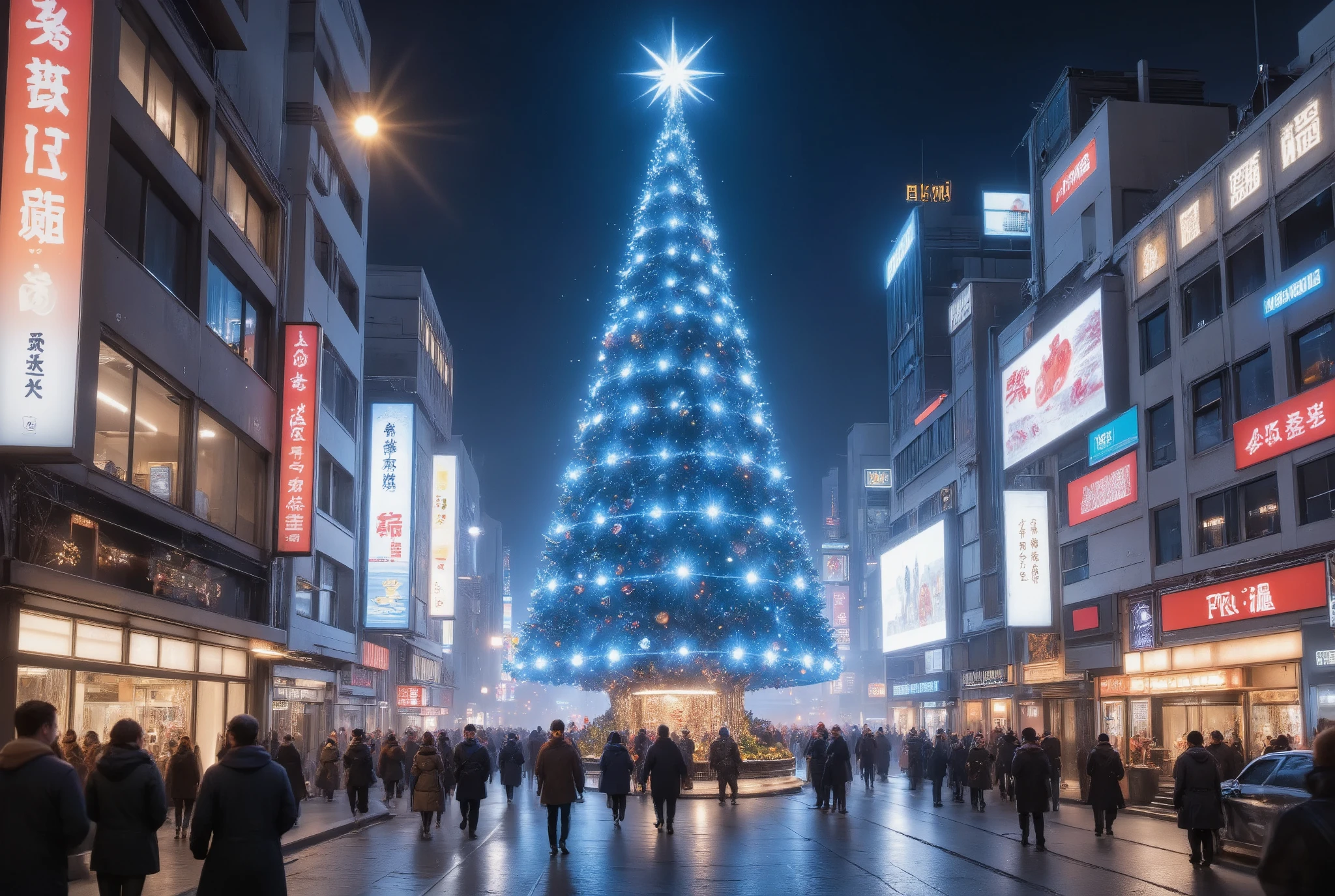 intricate detailed christmas tree, blue led lights, blue christmas tree, tokyo aoyama street, people and cars passing by, cinematic lighting, atmospheric, dramatic, highly detailed, photorealistic, 8k, best quality, masterpiece, volumetric lighting, chiaroscuro lighting, moody lighting, cinematic perspective, wide angle lens, depth of field, bokeh, vibrant colors, neon, futuristic, cyberpunk