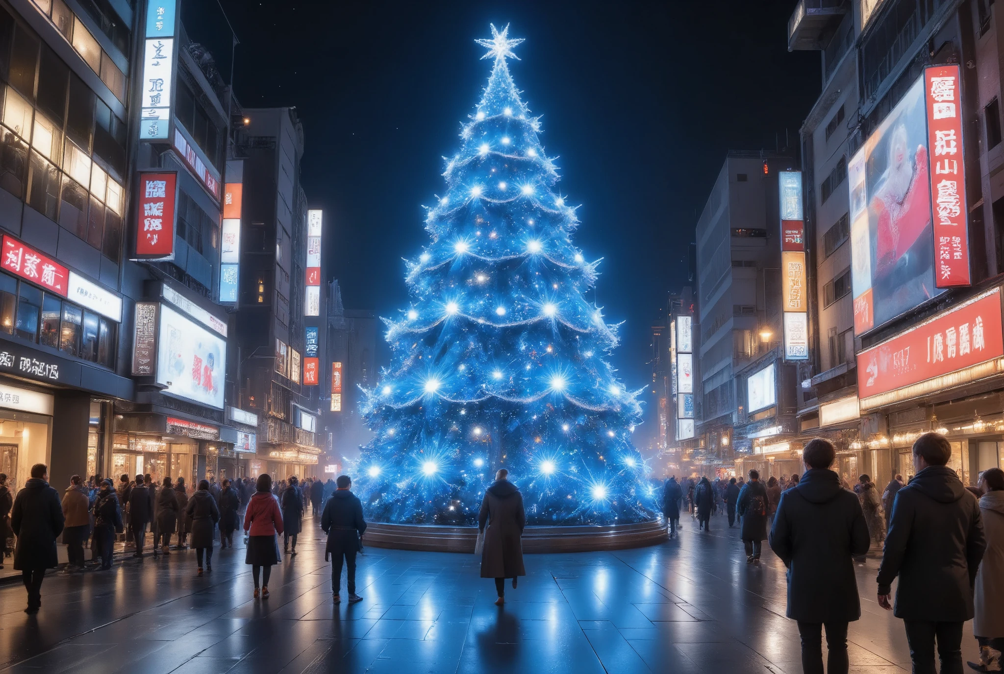 intricate detailed christmas tree, blue led lights, blue christmas tree, tokyo aoyama street, people and cars passing by, cinematic lighting, atmospheric, dramatic, highly detailed, photorealistic, 8k, best quality, masterpiece, volumetric lighting, chiaroscuro lighting, moody lighting, cinematic perspective, wide angle lens, depth of field, bokeh, vibrant colors, neon, futuristic, cyberpunk