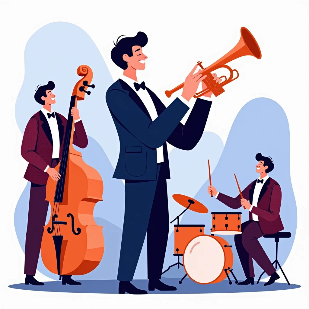 A modern flat illustration shows three musicians performing at a jazz festival. The central figure plays the trumpet; he is wearing a dark blue suit with visible cuffs of a white shirt, and ((skin color is white)). His eyes are closed when he is focused on the game, his face is slightly downcast. On the left stands a bass player in a crimson patterned suit with a white shirt and black bow tie, smiling cheerfully while playing his instrument. On the right, a drummer sits behind a drum kit, also dressed in a purple suit with a white shirt and black tie. He plays the drums intently, his hands actively hitting the cymbals and drum heads. The background consists of abstract figures of dark blue, peach orange and light blue colors on a simple white background, which creates a dynamic and energetic composition. The overall mood is lively and attractive, and bright colors and high saturation create a lively atmosphere.