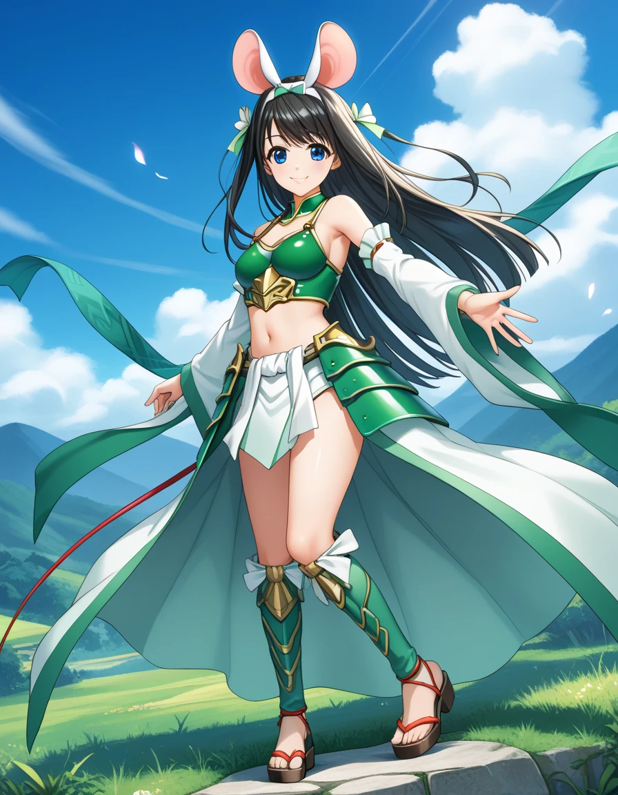 _Yoshimoto_(Sengoku_Otome),  long hair,  blue eyes,  black hair,  
green_ has , white hair band, Bare shoulders, green_armor,  clevis on a stone, light_green_Detached_sleeve , belly button, absolute_field,  white knee-highs, or, Sandals,  thin、slender legs
Standing ,  dynamic pose ,
  closed mouse, ,light smile
looking at viewer,( cowboy shot :1.3),
 outdoor,, score_9, score_8_up, score_7_up,   top quality,  high definition ,  absurd,  source_Anime, zPDXL3,  1 girl,Alone