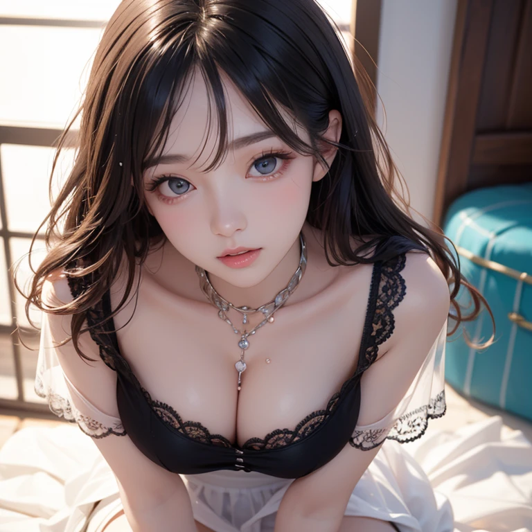 (nsfw:-2),  realistic , photo- realistic , masterpiece,  top quality,  high definition ,  very detailed,   intricate details on collared dress ,  realistic  and sharp details,  cinematic lighting,  portrait,   low angle, looking at viewer, Alone,  1 girl,  Japanese woman with a viewing angle of,  lean forward, Big Breasts, Wet､Wear a loose, transparent lace t-shirt and a transparent lace miniskirt,  take off the blouse and ,  no bra,  random color hair,  cute face,  detailed face ,  Beautiful Detailed Eyes , A sophisticated nose,  beautiful eyes,  blue-white skin, (Remote_play, Remote_Vibrate,  Half Open Your Mouth  ), Photo Background, Summer beach､Water&#39;s Edge､