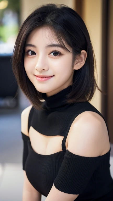 highest quality, masterpiece, ultra high resolution, (realistic:1.4), Raw photo, (High-neck sweater and skirt), upper body,(18 year old female),  (An 18-year-old girl, most famous japanese idol, (very beautiful black hair shortcut), Very cute face like the most popular Japanese idol, Round face raccoon face, ((very beautiful big black eyes)), Big Laugh, very beautiful lips, very beautiful skin, very beautiful long eyelashes, slender body, boobs),