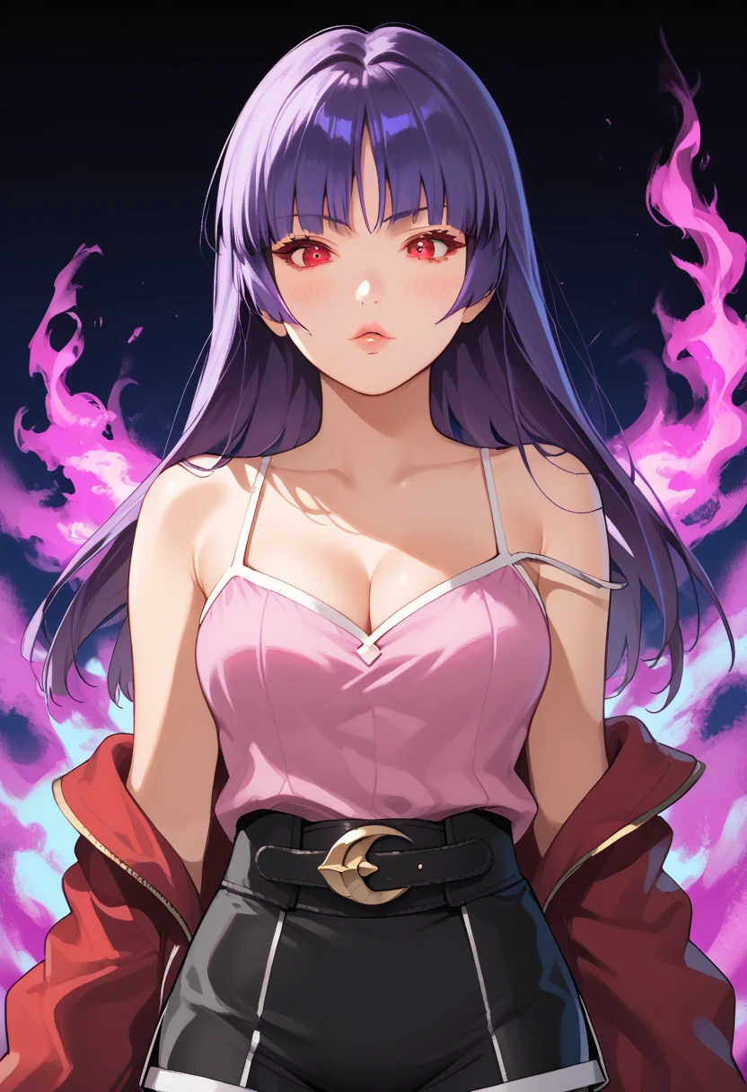 Score_9, score_8_up, score_7_up, score_6_up, source_anime, rating:general, 1girl, upper body, sabrina pokemon, purple hair, long hair, hime cut, stunning red eyes, pale skin, blush, perfect lips, sultry look, looking at viewer, pink camisole, tight shorts, medium sized breasts, exposed shoulders, cleavage, neon city background, solo, 8k quality, vivid colors, perfect shadowing, perfect lighting, cowboy shot, looking at viewer, SmokeyAura, Aura, Smoke, blazing aura  