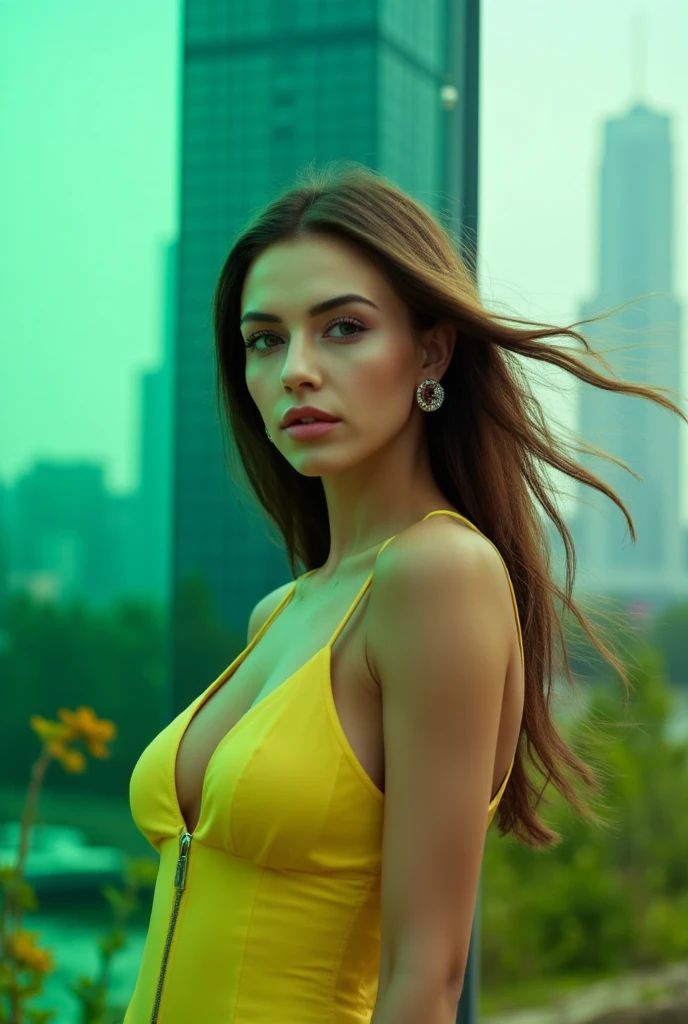 photograph, a beautiful ad with Tapered lines and flowing details is presented by a Charming model with Obscene Magenta eyes. The background of the scene is a full color green over the shoulder shot, with a towering skyscraper in the distance. The ad's hair is blowing in the wind, Sony A7, 50mm, aidmaRealisticPeoplePhotograph