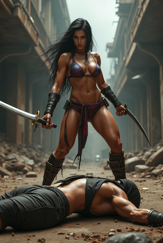 Two girls dressed in short battle outfits. One was defeated and is lying on the ground with a pained facial expression.. The other one is standing, with one hand raised celebrating his victory and with one foot on the belly of the one who was defeated